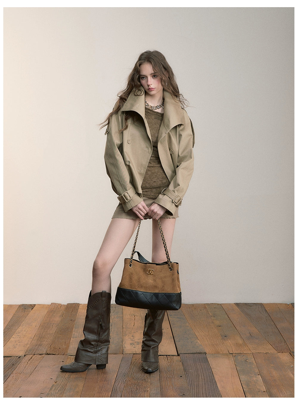 Vintage Pleated Stand Collar Jacket