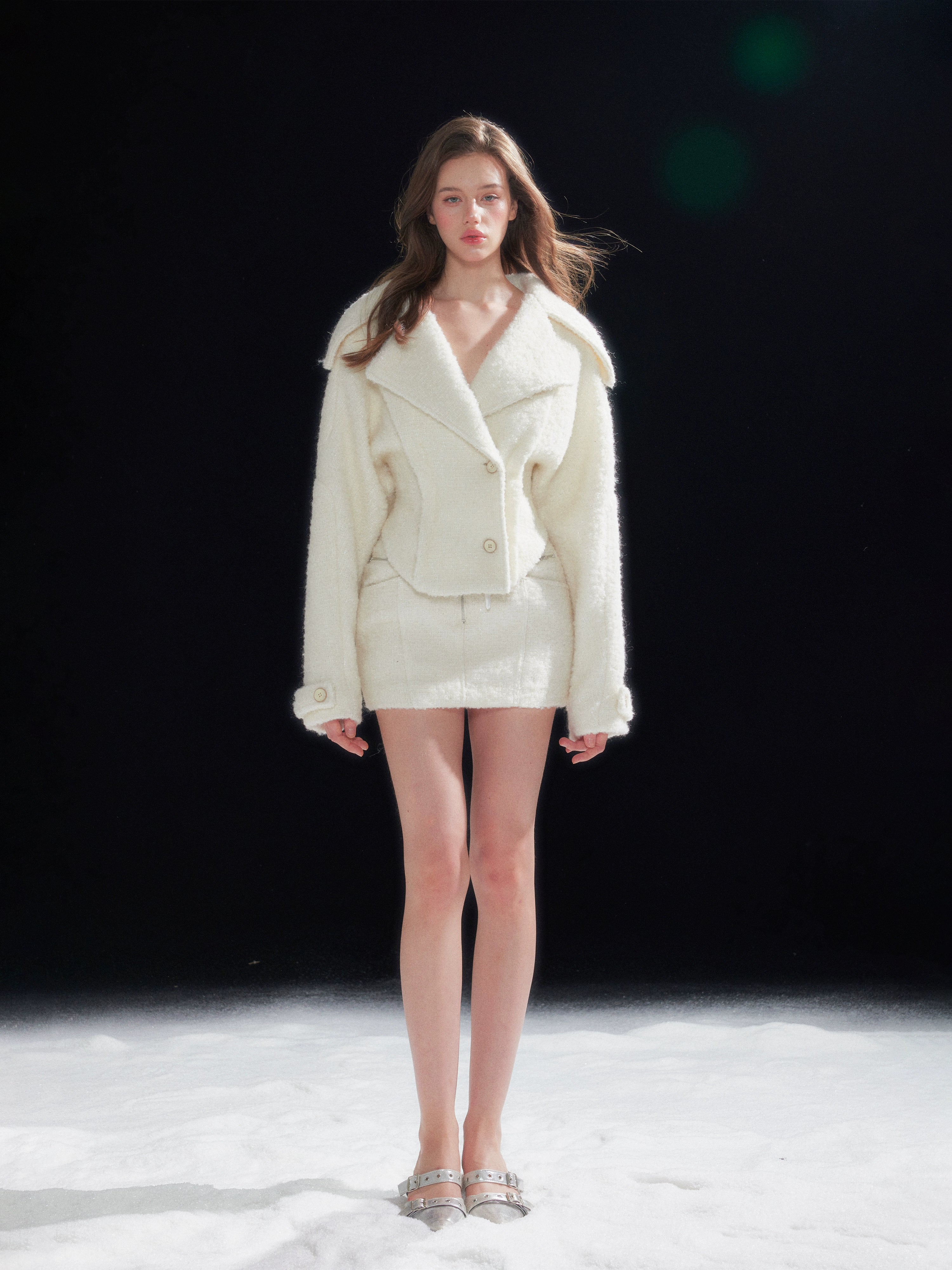 Shearling Collar Waist-Cinching Coat & Wool Skirt Set