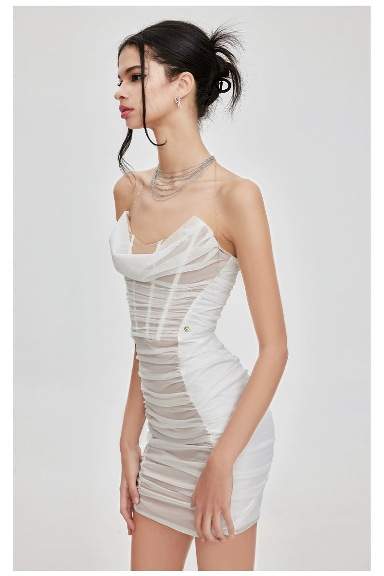 Mesh Ruched Strapless Dress