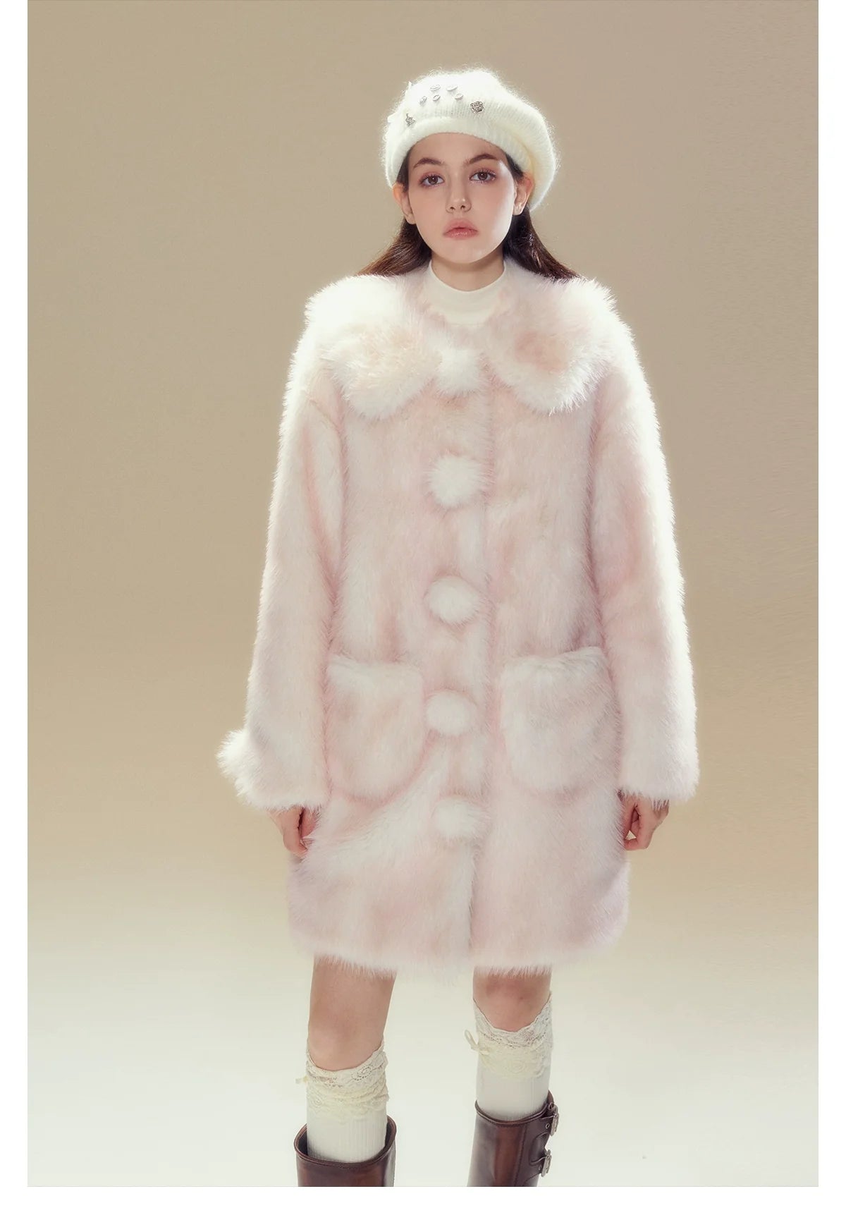 Pink Ombre Doll Collar Long Shearling Coat