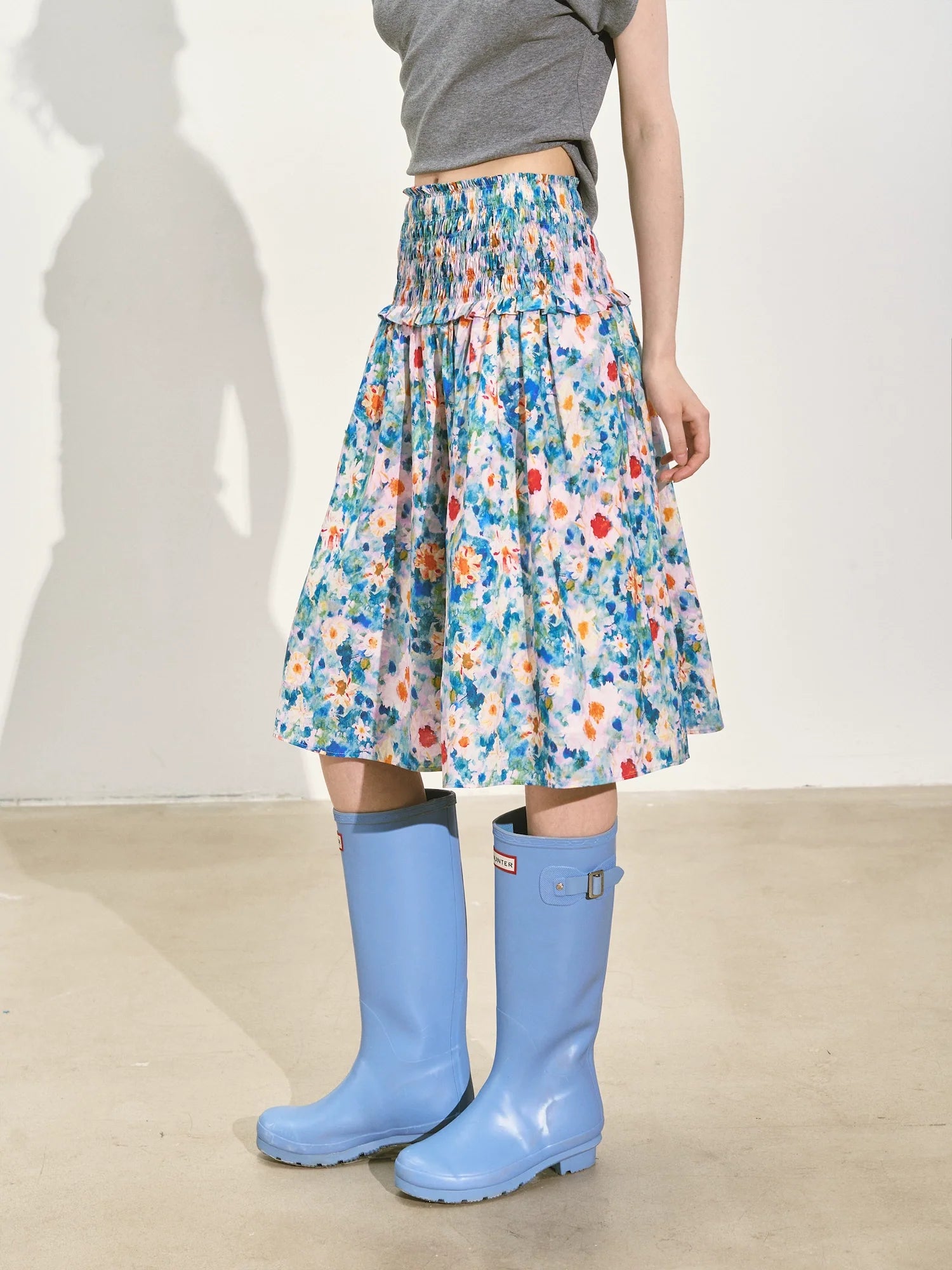 Floral Waist-cinching Slim-fit Midi A-line Skirt