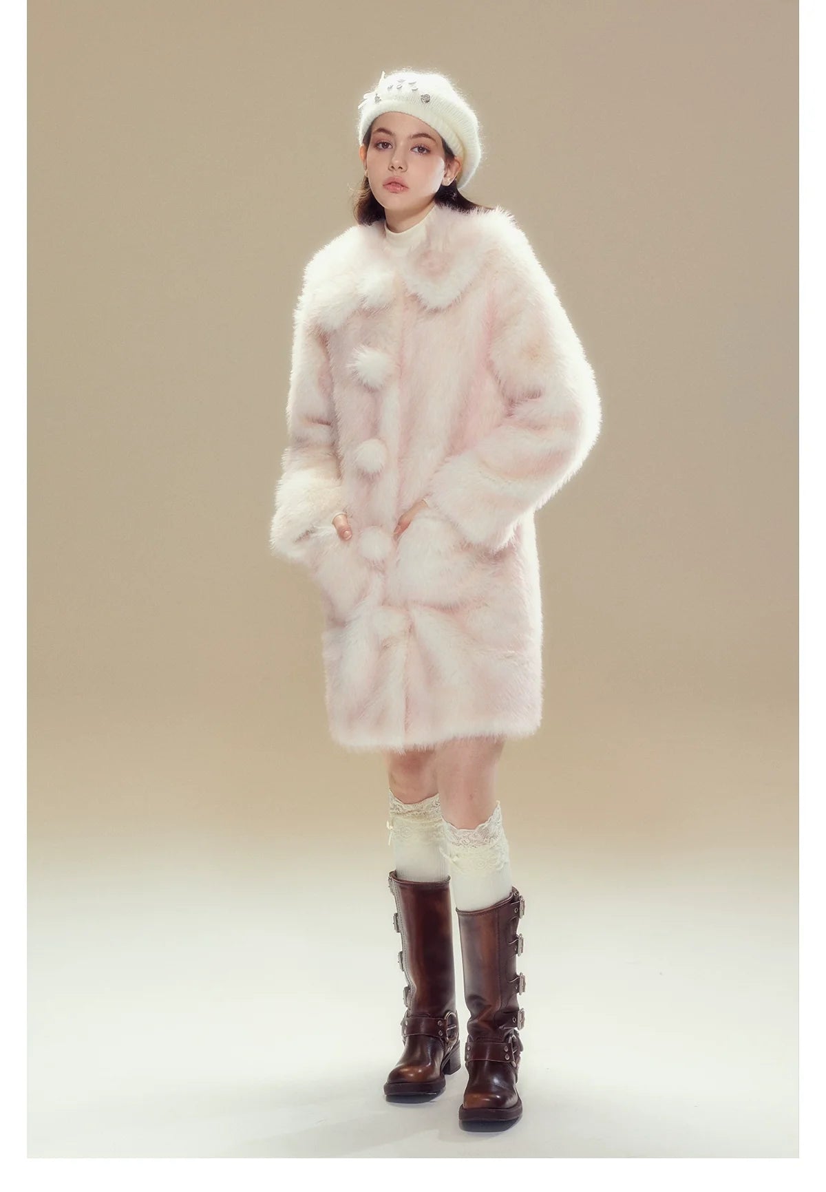 Pink Ombre Doll Collar Long Shearling Coat