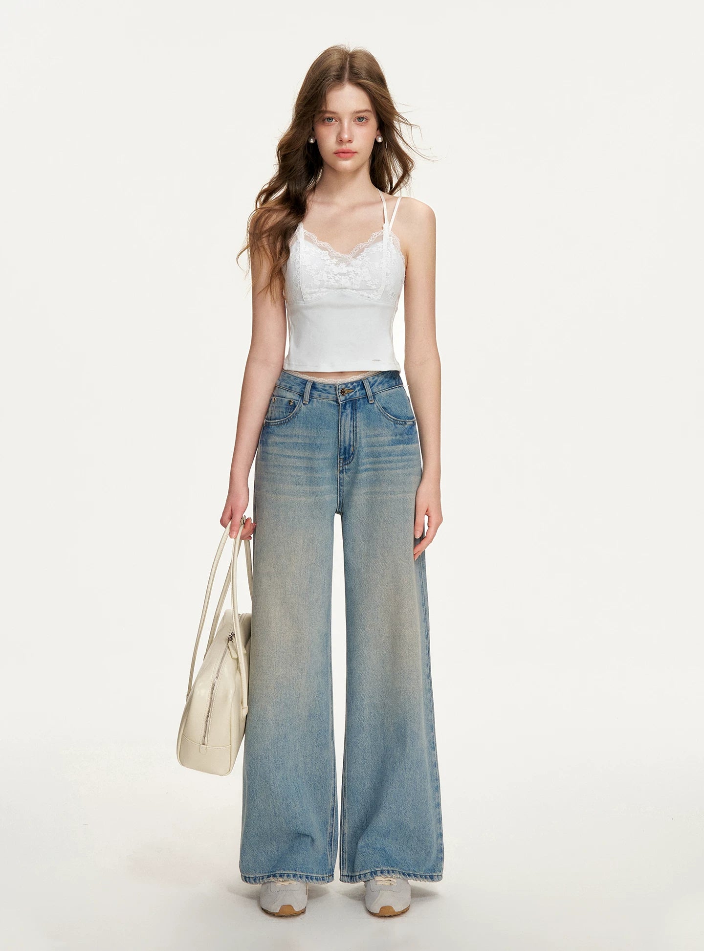 Denim Blue Lace Tie Wide-Leg Jeans