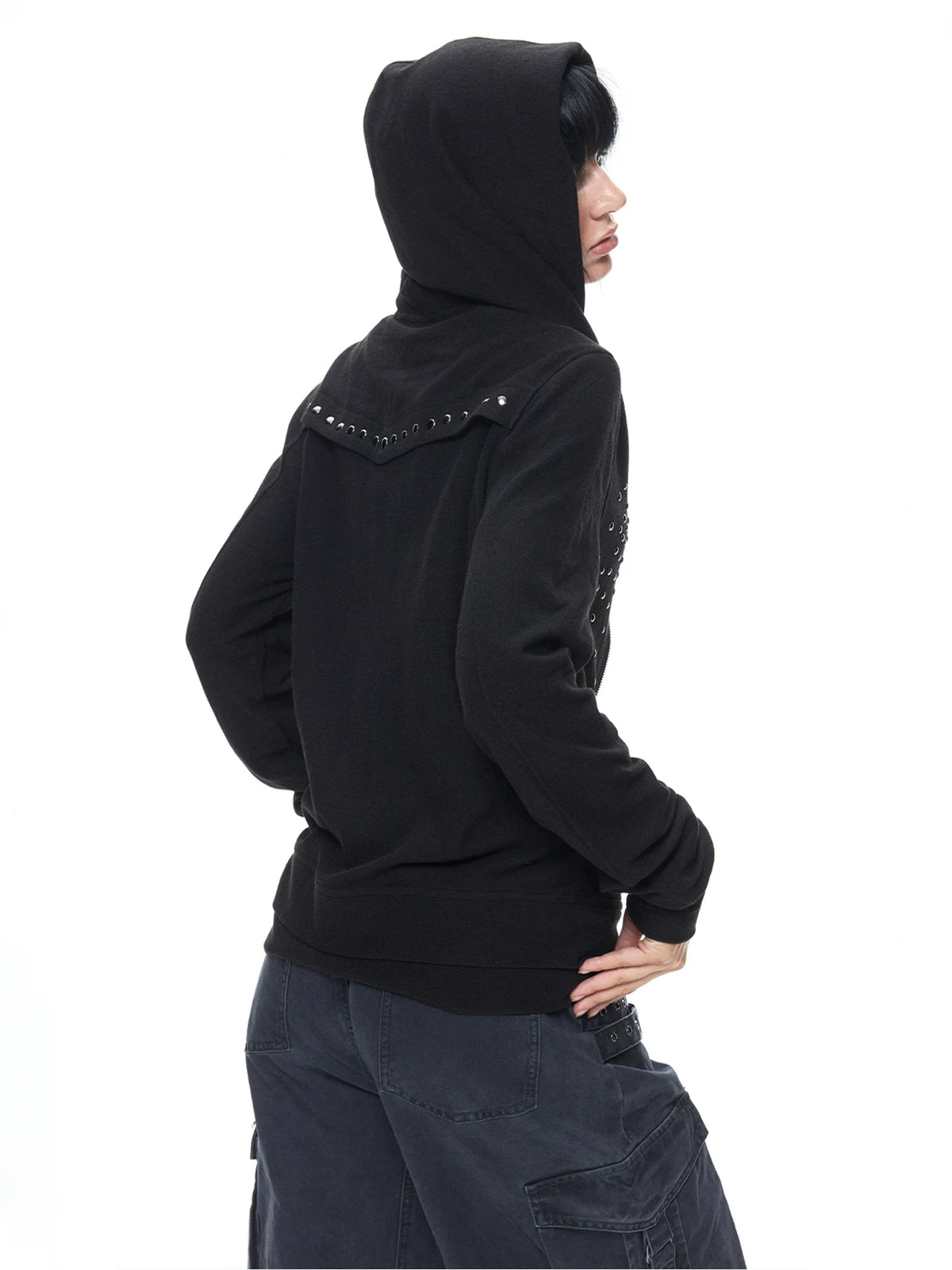 Black Studded Stripe Zip Hoodie