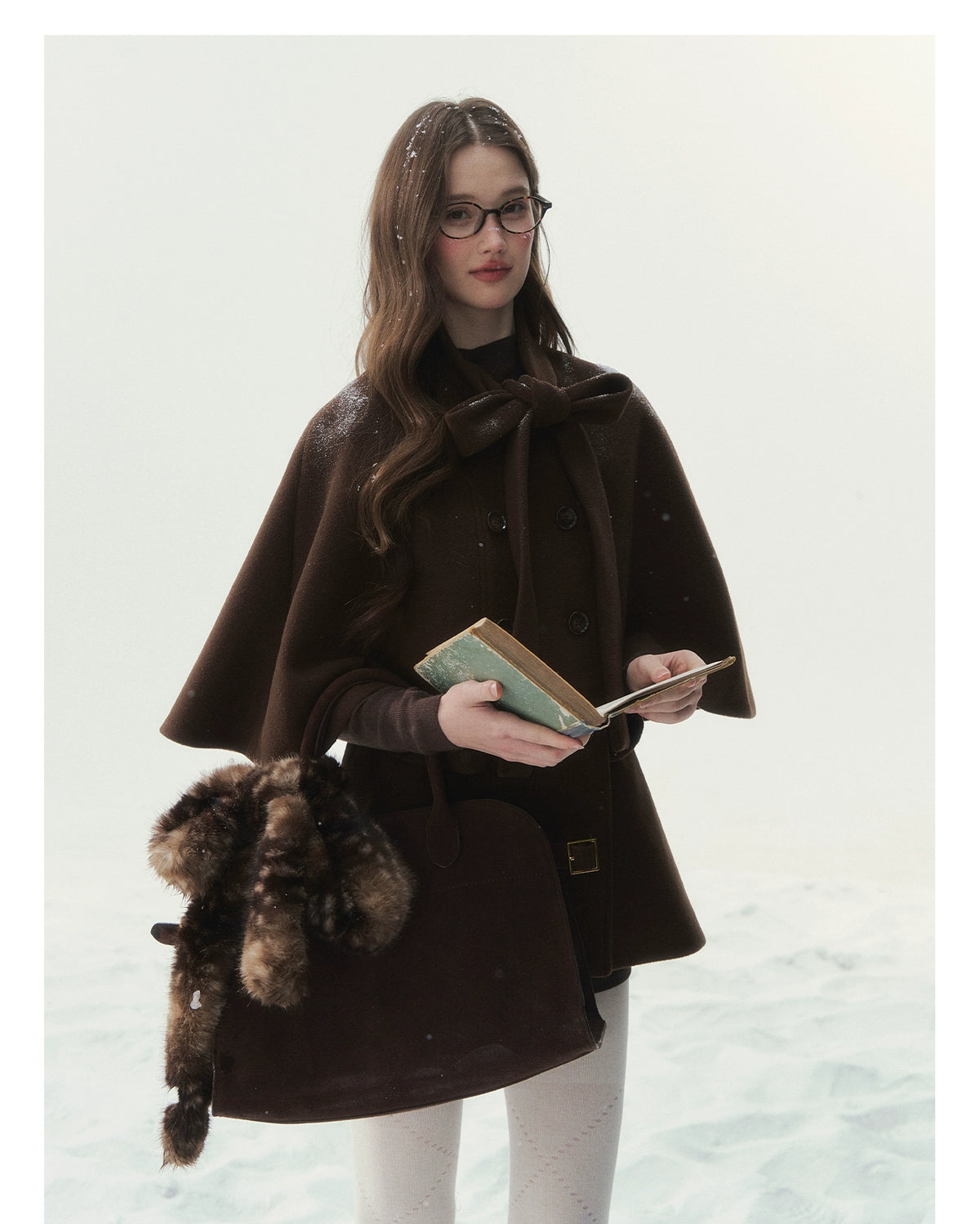 Brown Bow-Tie Double-Breasted Cape Coat