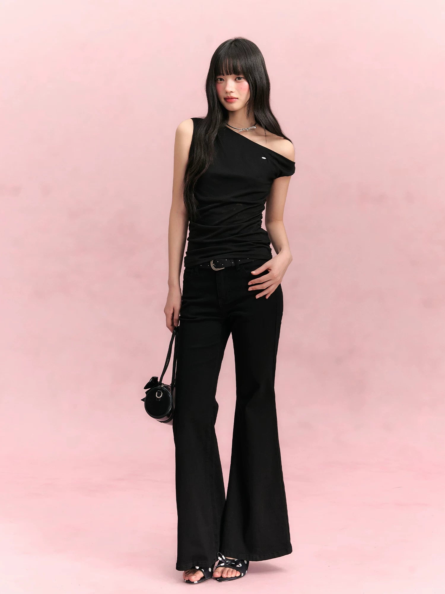 Black Asymmetric Shoulder Top