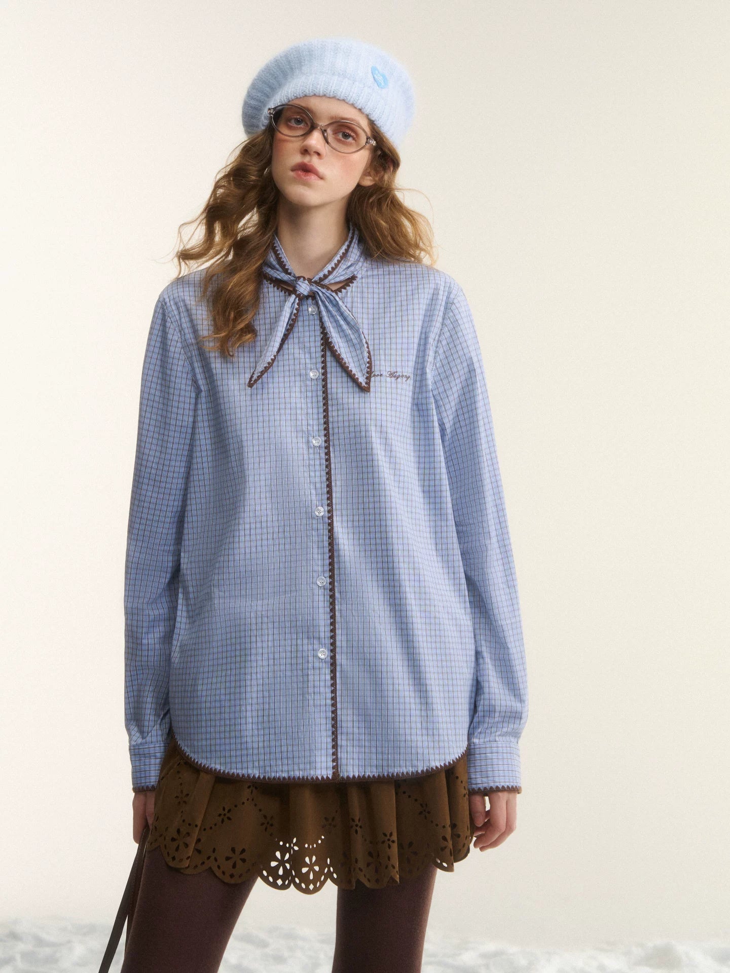 Vintage Contrast Plaid Embroidered Tie-Neck Shirt