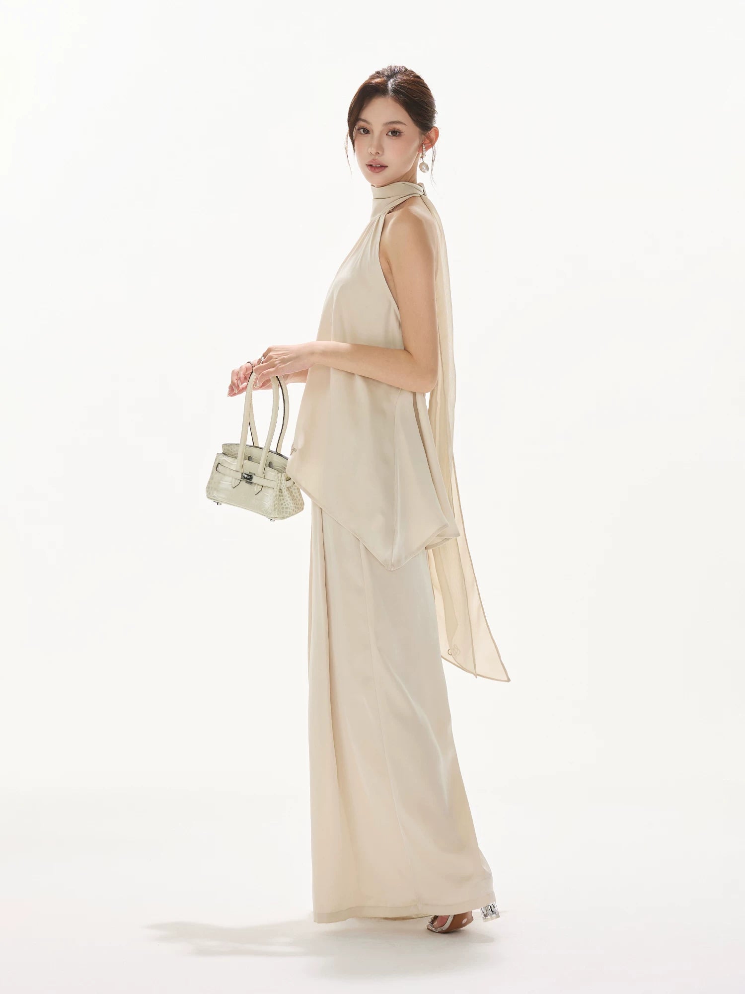 Satin Halter Tie Asymmetric Top