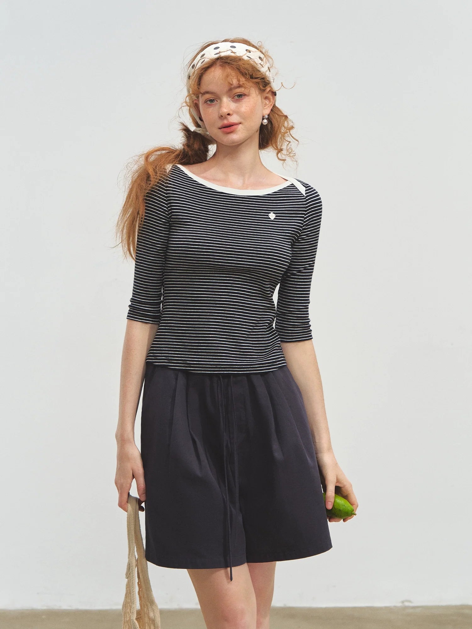 Envelope Neck Mid-sleeve Striped T-Shirt