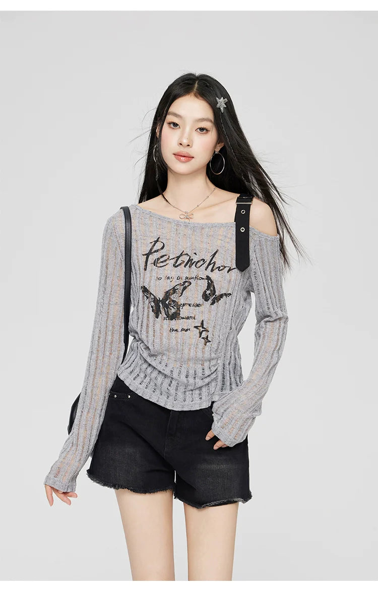Gray & Beige Hollow Off-shoulder Long Sleeve T-shirt