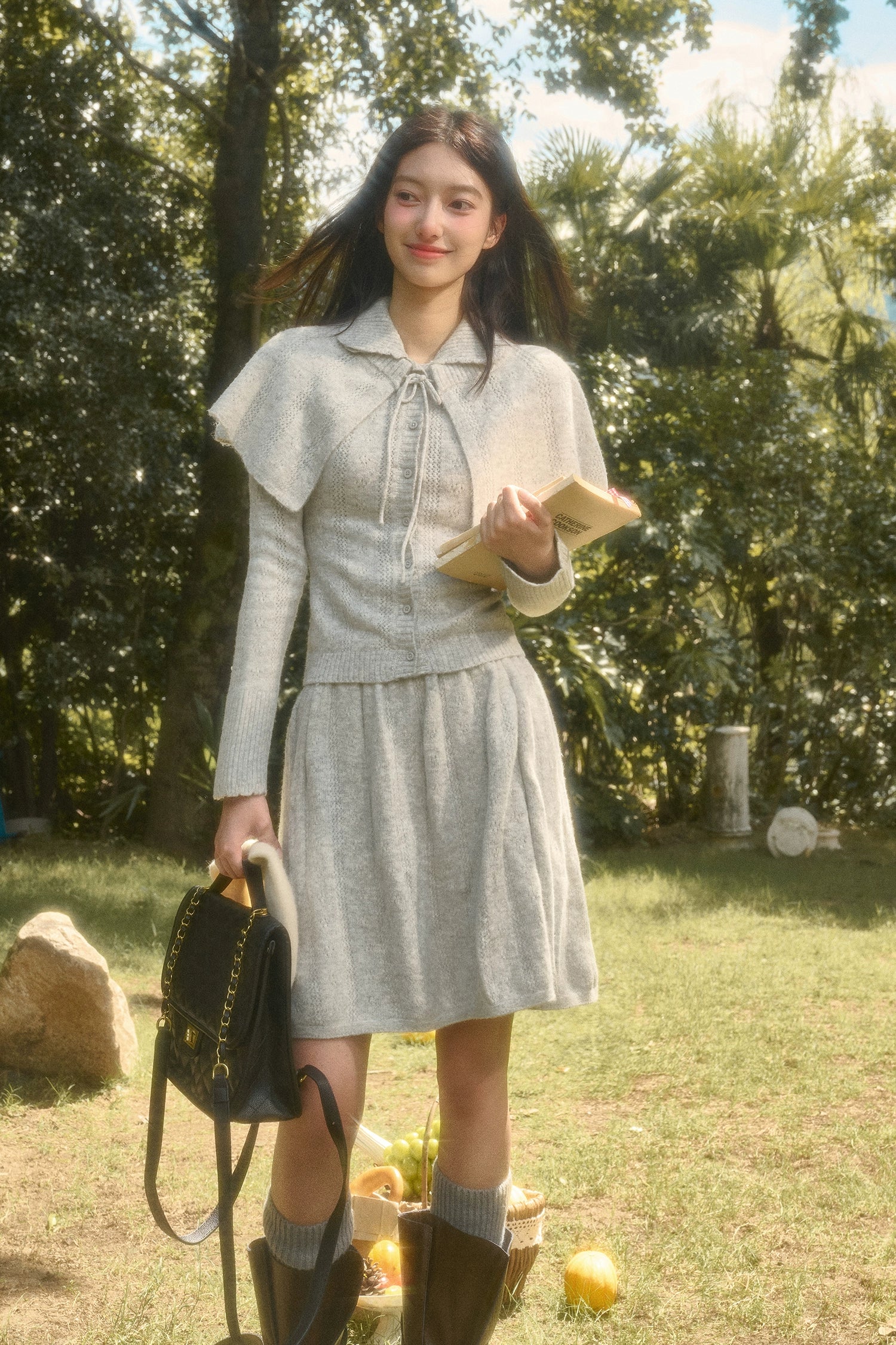 Snow Library Wool Knit Cape Cardigan & Skirt Set