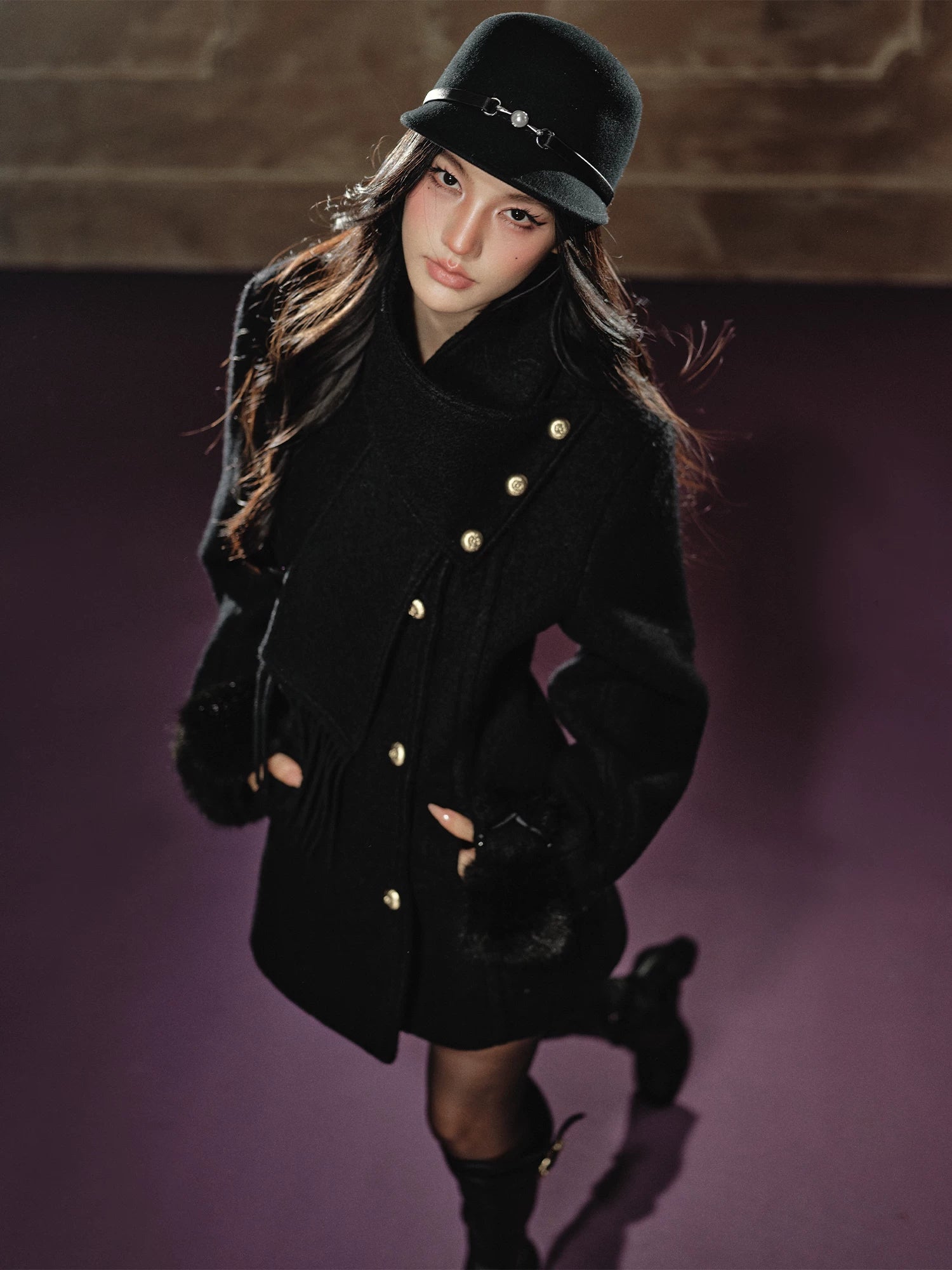 Black Wool Hourglass Coat & Scarf Set