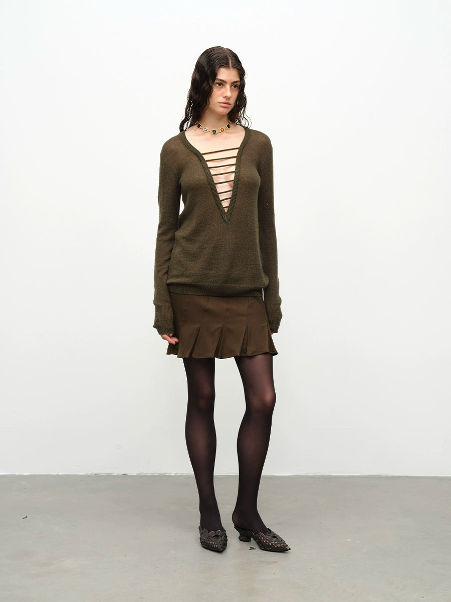 Black & Green Wool Handmade Drawstring Knit Pullover Sweater