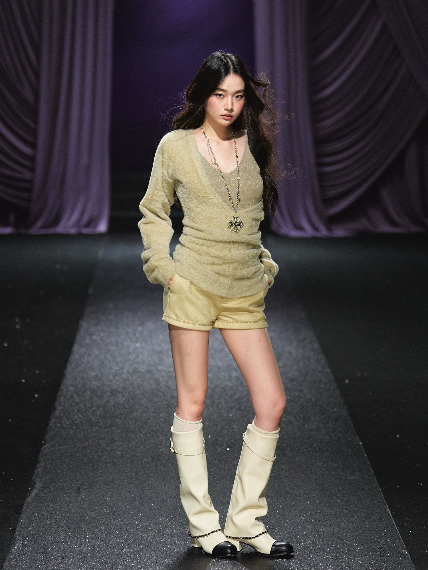 Shimmery Knit V-neck & Camisole Two-Piece Set