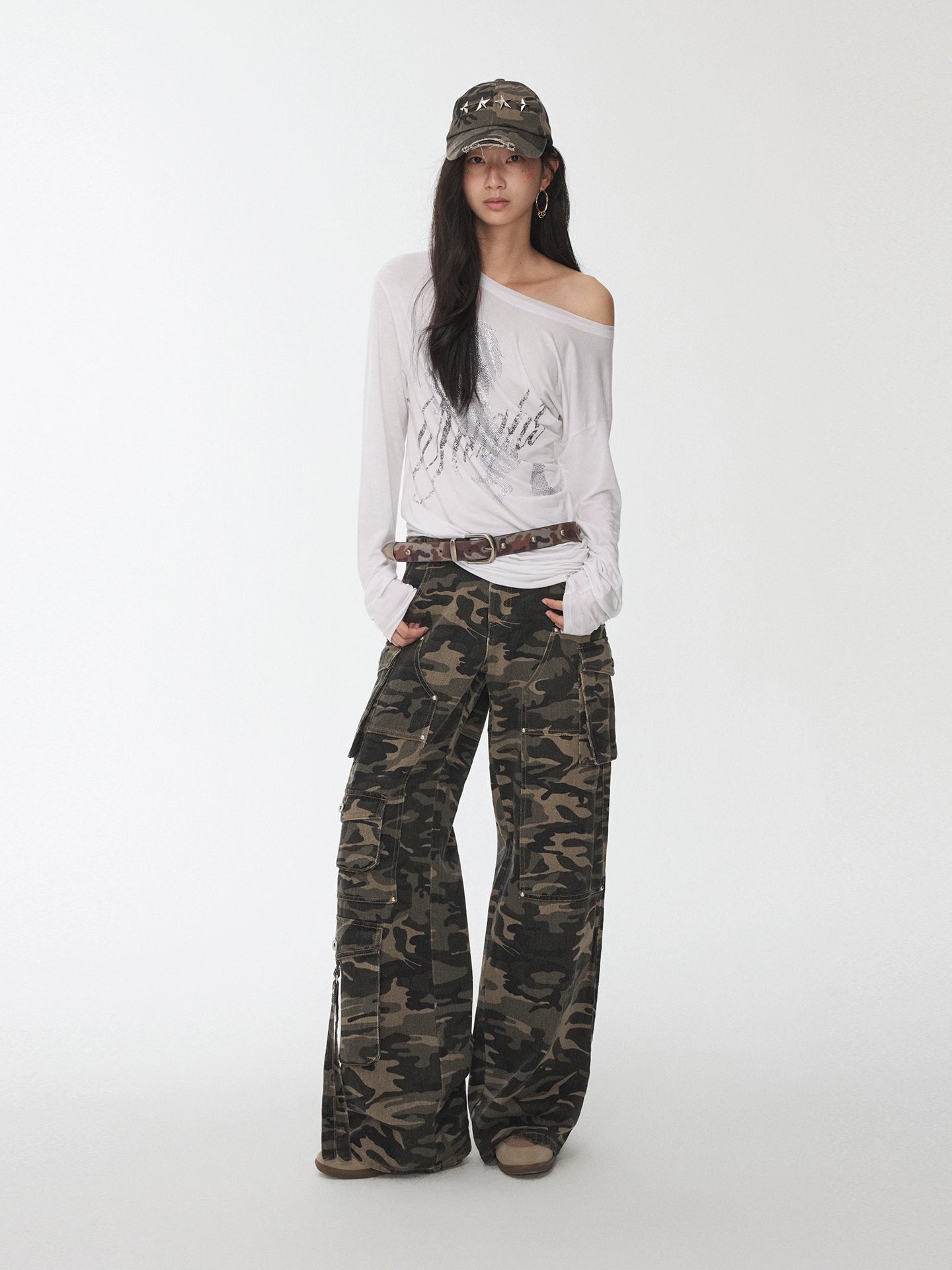 Washed Camo Multi-Pocket Cargo Wide-Leg Pants