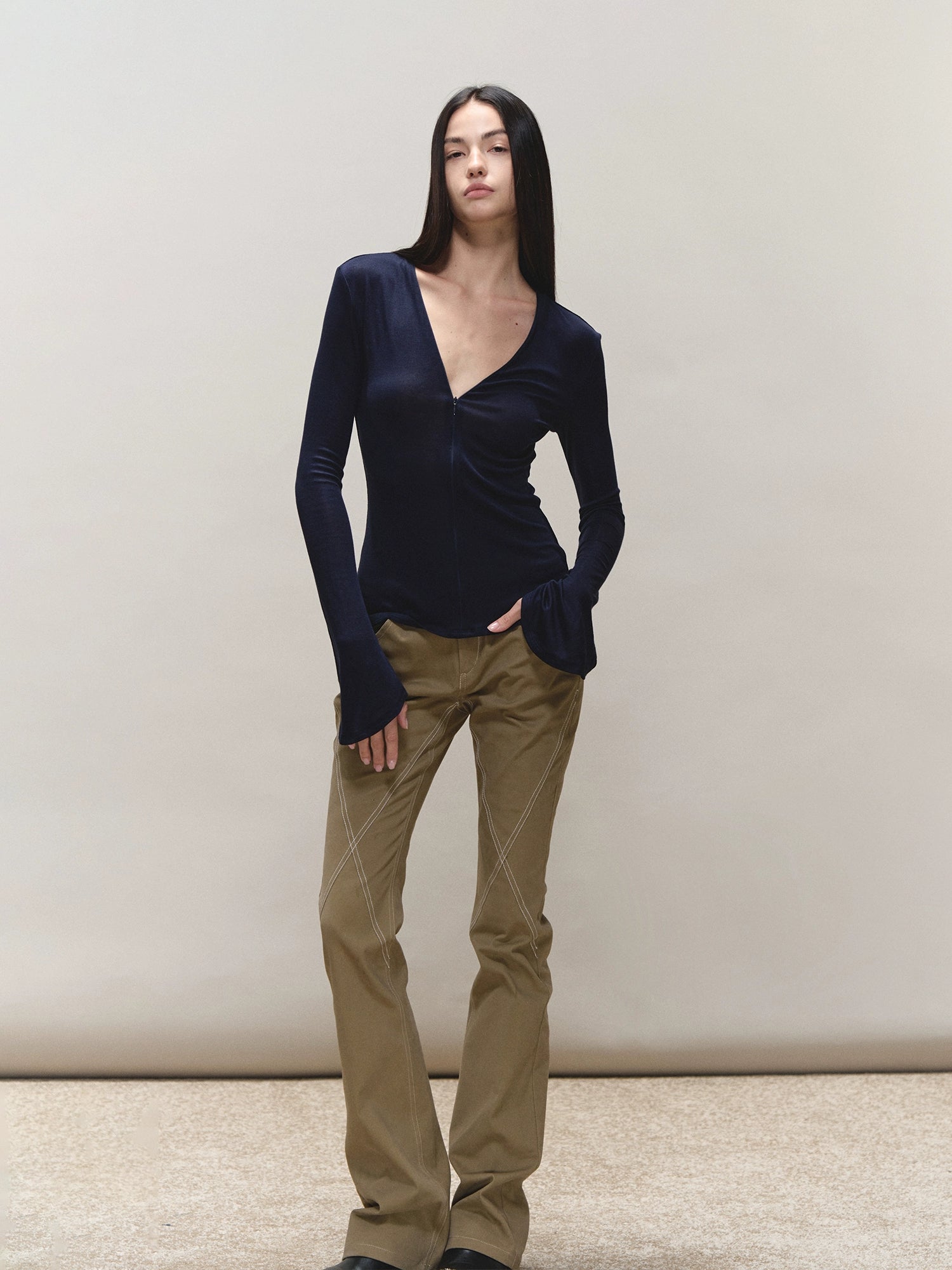 Lyocell Adjustable-Zip Flared-Sleeve Top