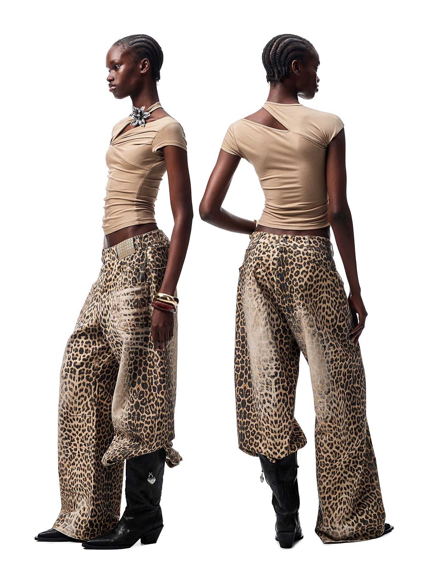 Washed Leopard Print Canvas Curved Pants