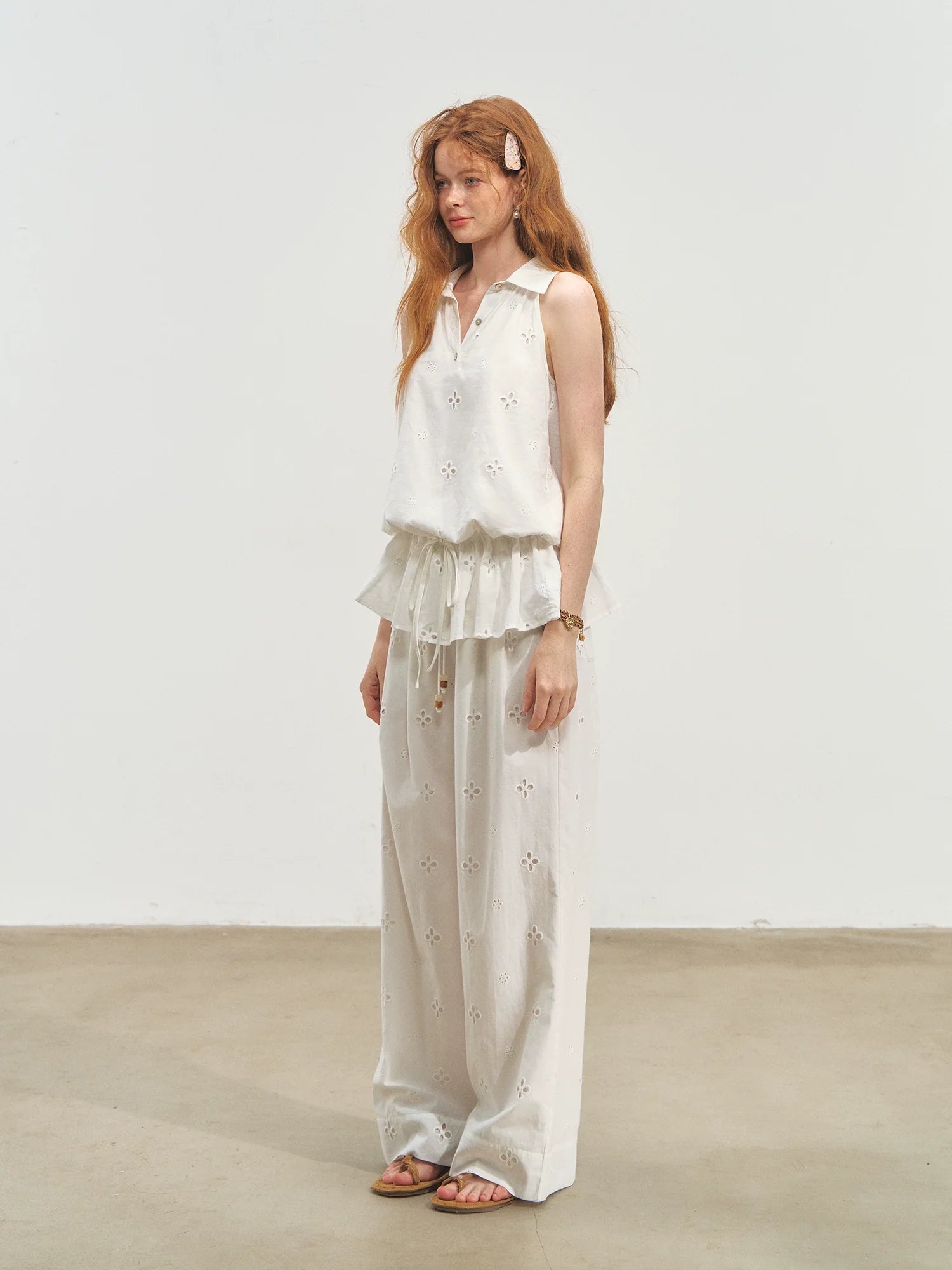 French-Style Printed Sleeveless Halter Tie-Up Top