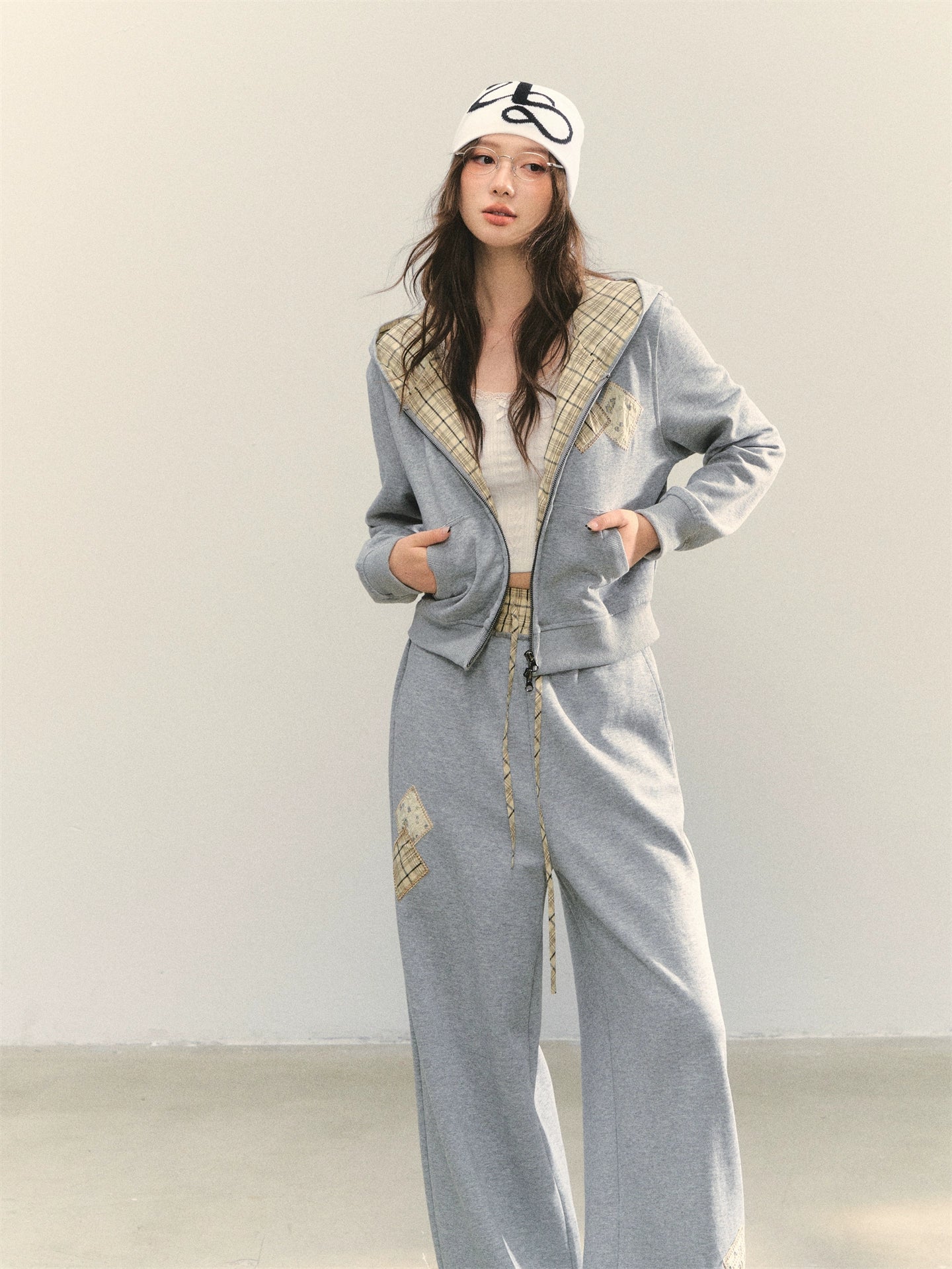 Gray Embroidered Zipper Hoodie& Checkered Pants Set