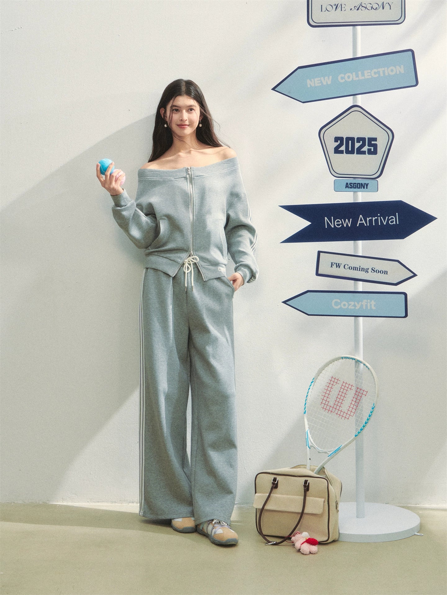 Off-Shoulder Zip-up Sweatshirt & Pants Set