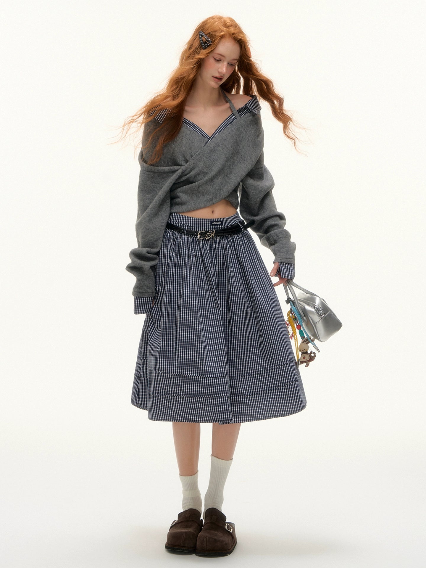 Off-Shoulder Plaid Panel Cross Sweater