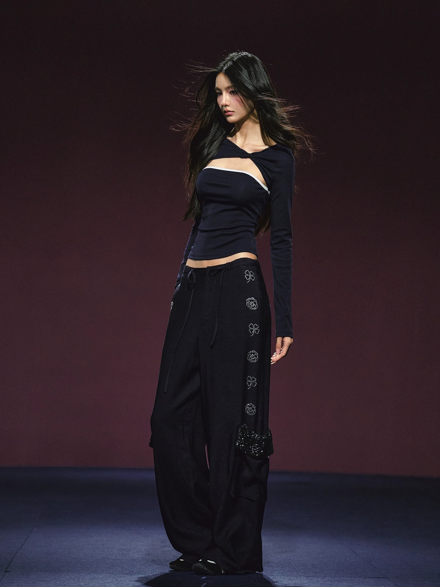 Rhinestone Pocket Drawstring Wide-Leg Pants