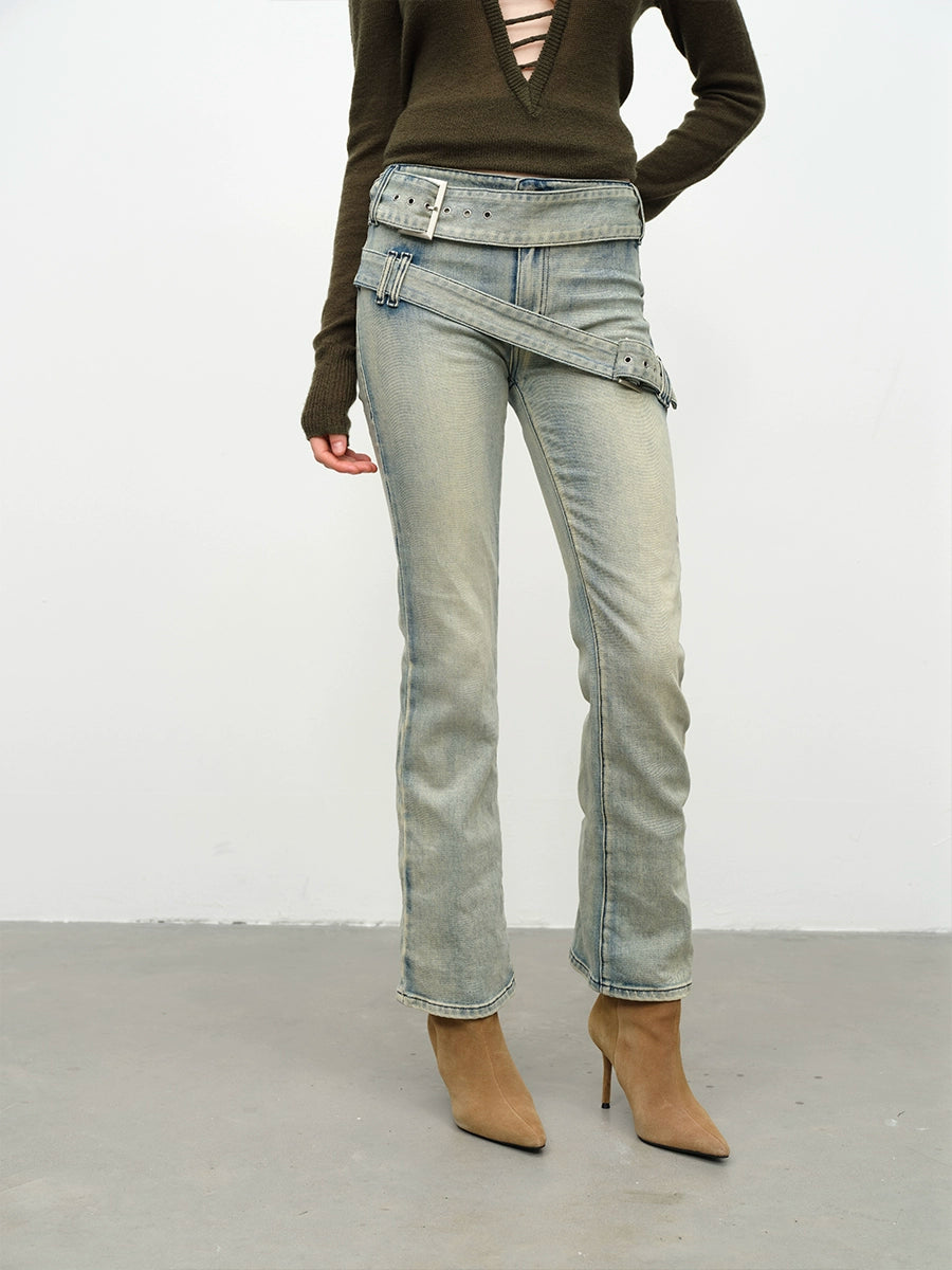 Double Waist Flared Denim Pants