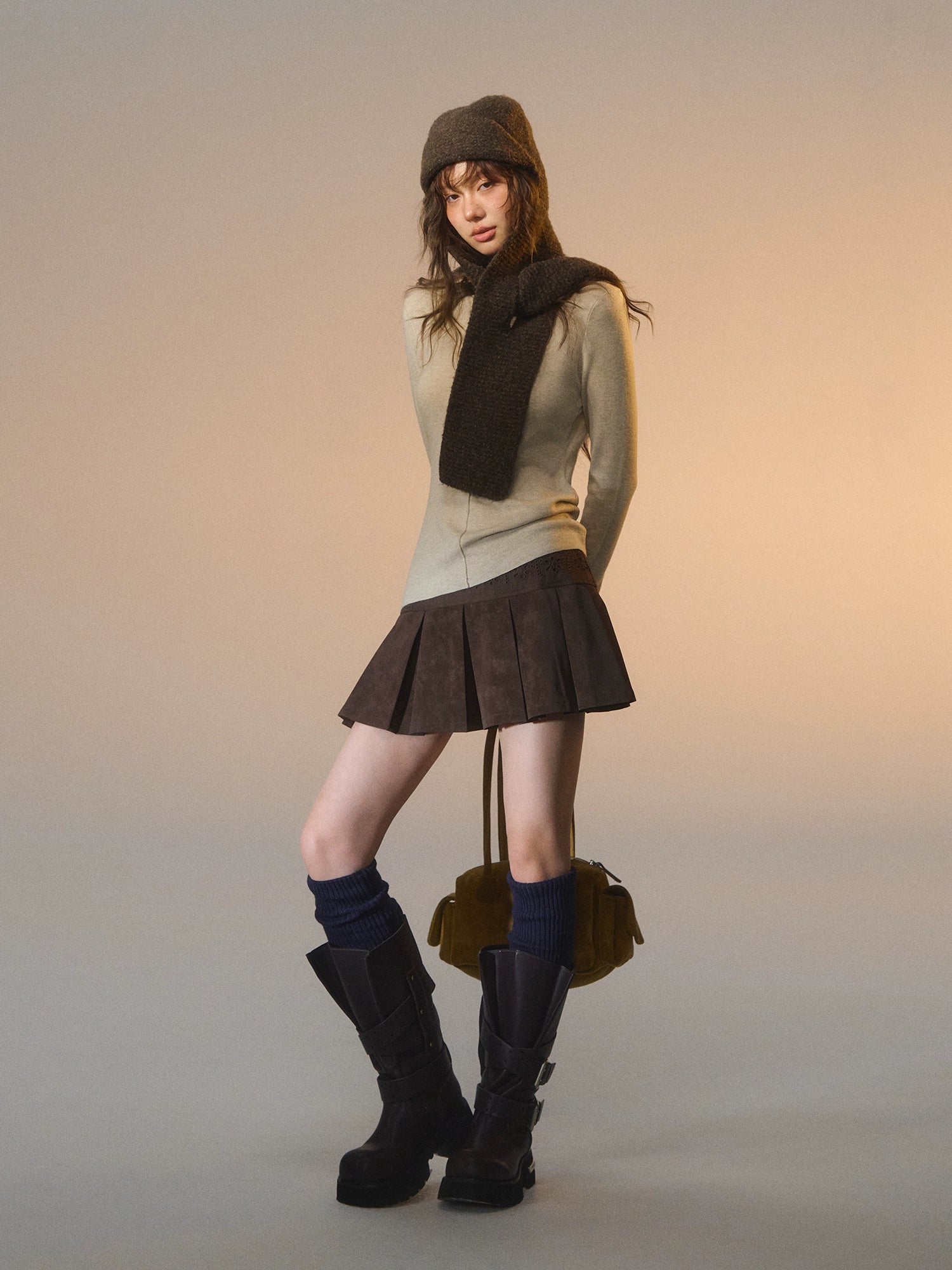 Lace-Trimmed Velvet Pleated Faux Leather Mini Skirt