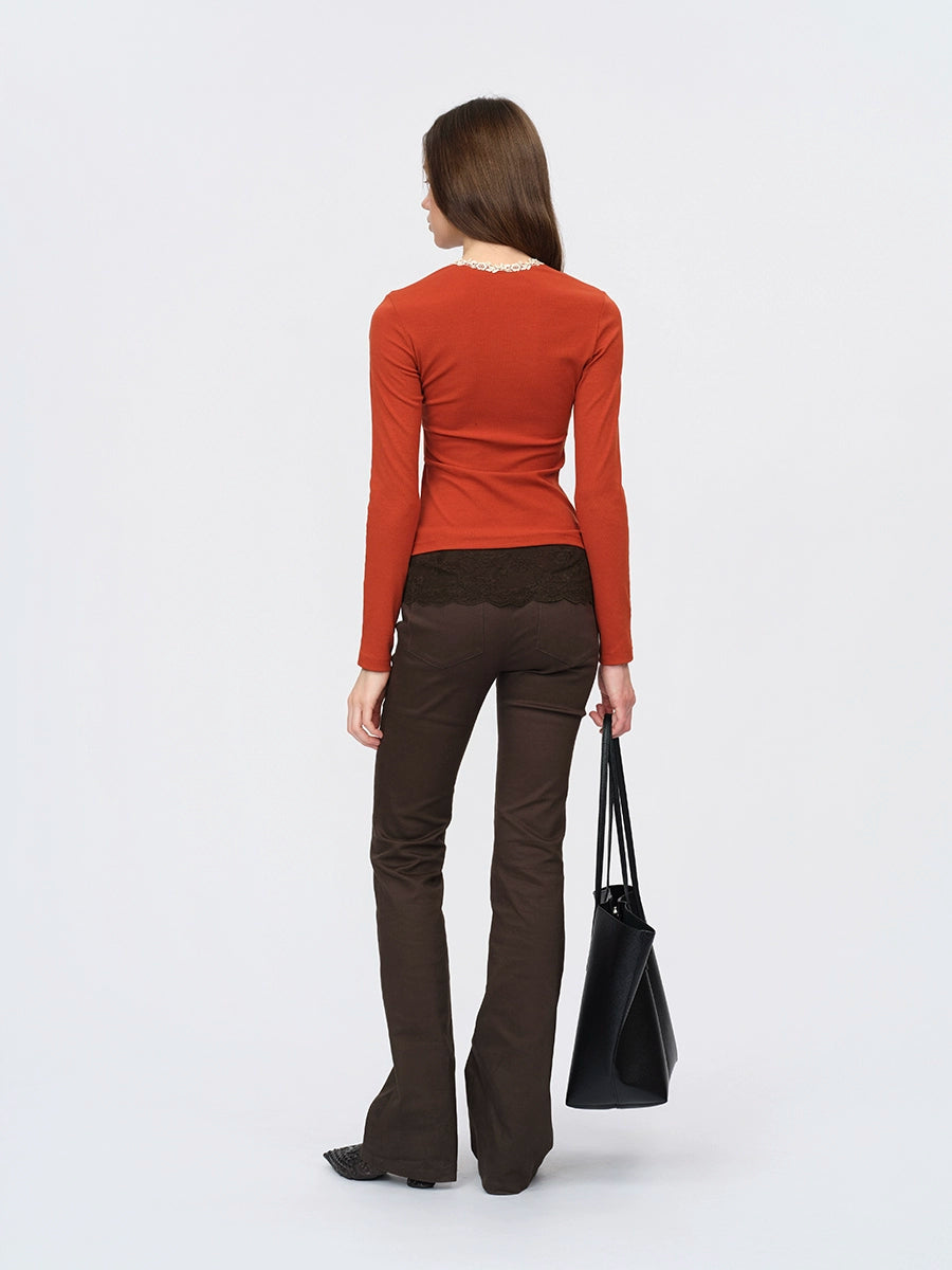 Brown Lace Panel Pants