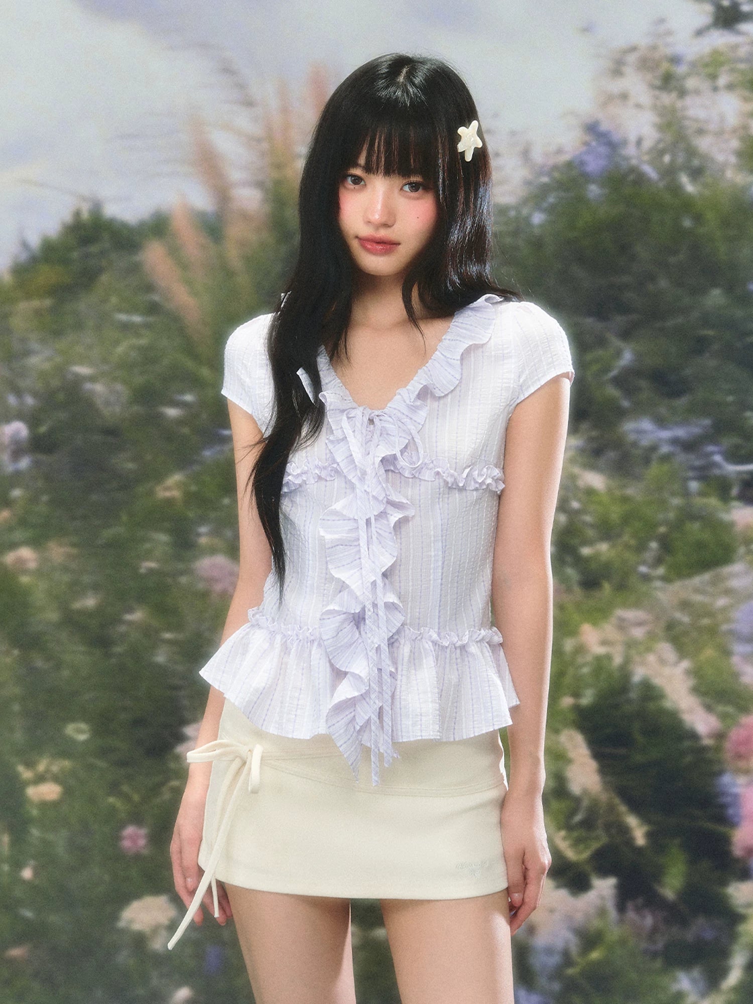 Ruffle Tie V-Neck Blouse