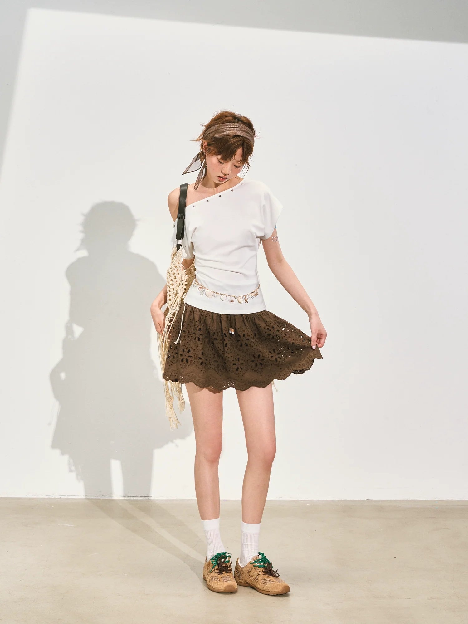 Off-Shoulder Asymmetric Twist Knot Half-sleeve Top