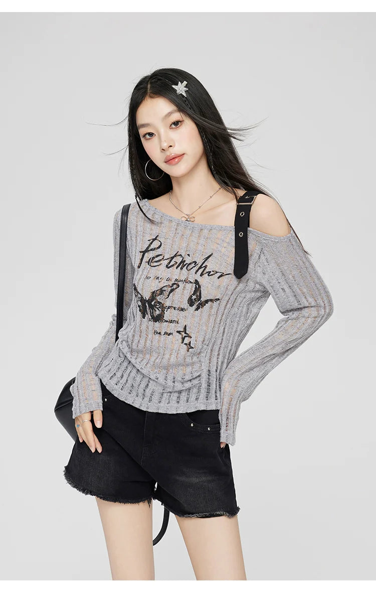 Gray & Beige Hollow Off-shoulder Long Sleeve T-shirt