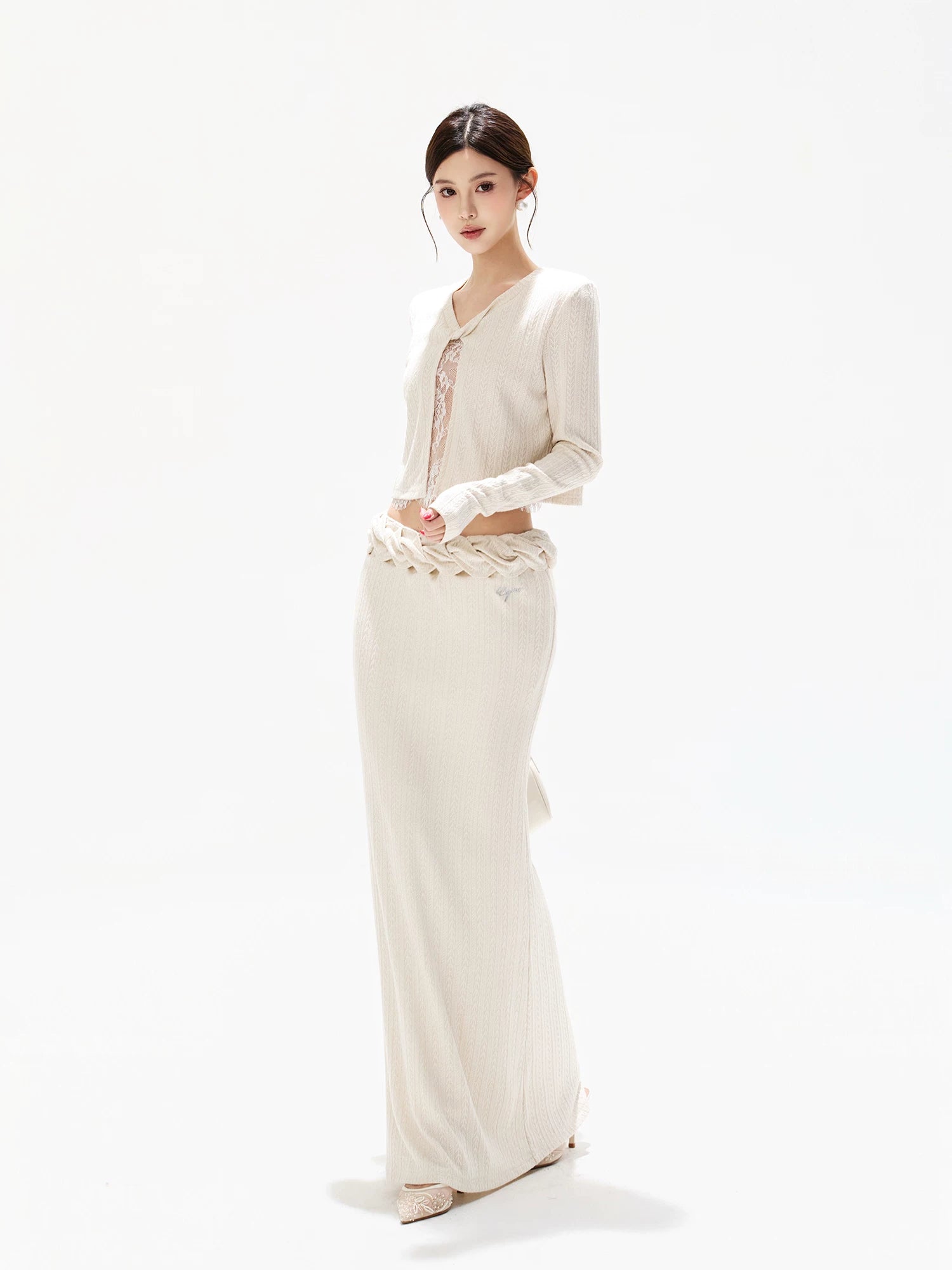 Apricot Lace Knit Blouse & Skirt Set