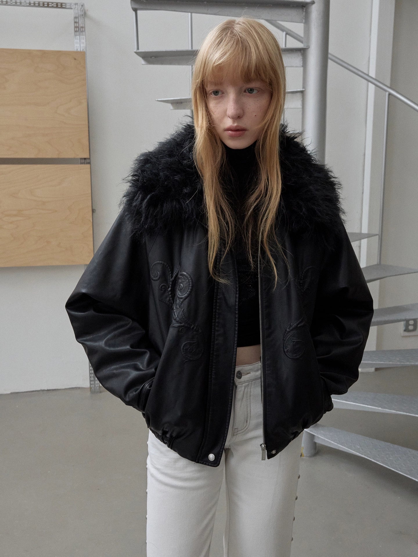 Embroidered Faux Fur Collar Leather Jacket