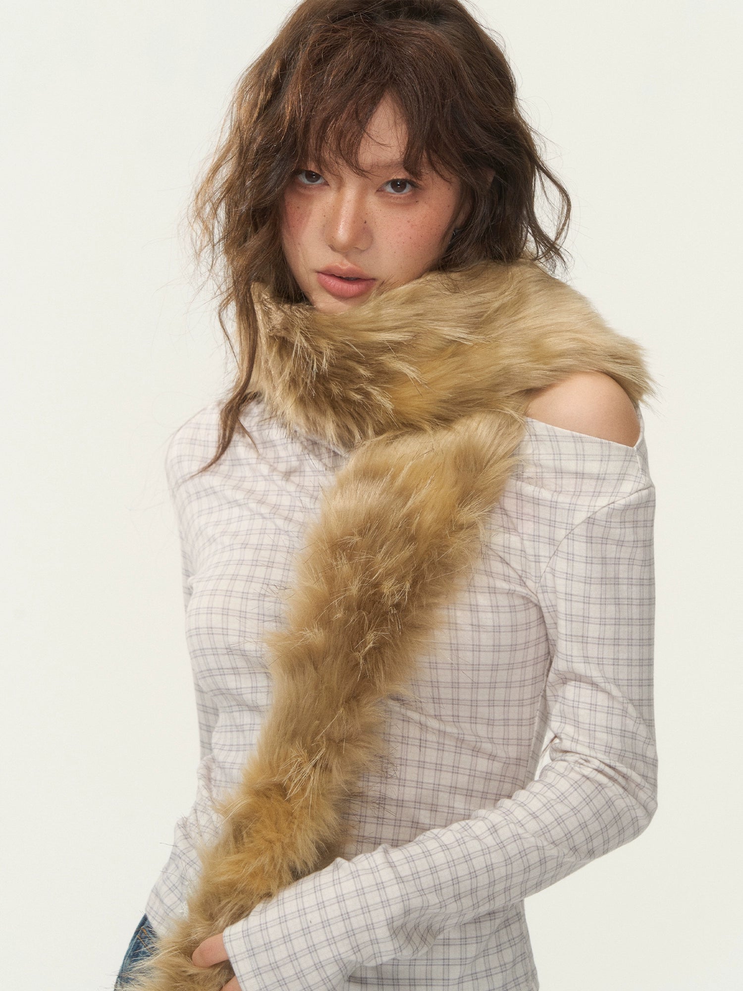 Velvet-Touch Plaid Draped Off-Shoulder Long Sleeve