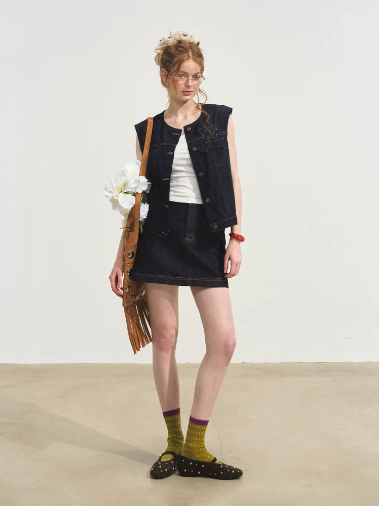 Layered Relaxed Denim Vest & Skirt Set