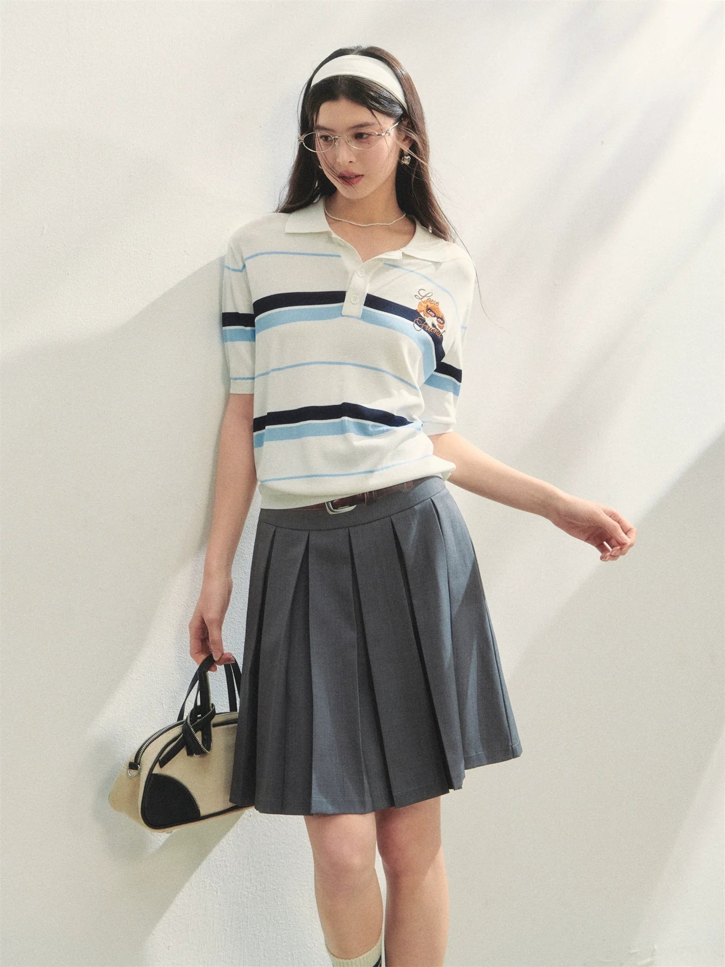 Embroidered Striped Knitted Short-sleeve Polo Shirt