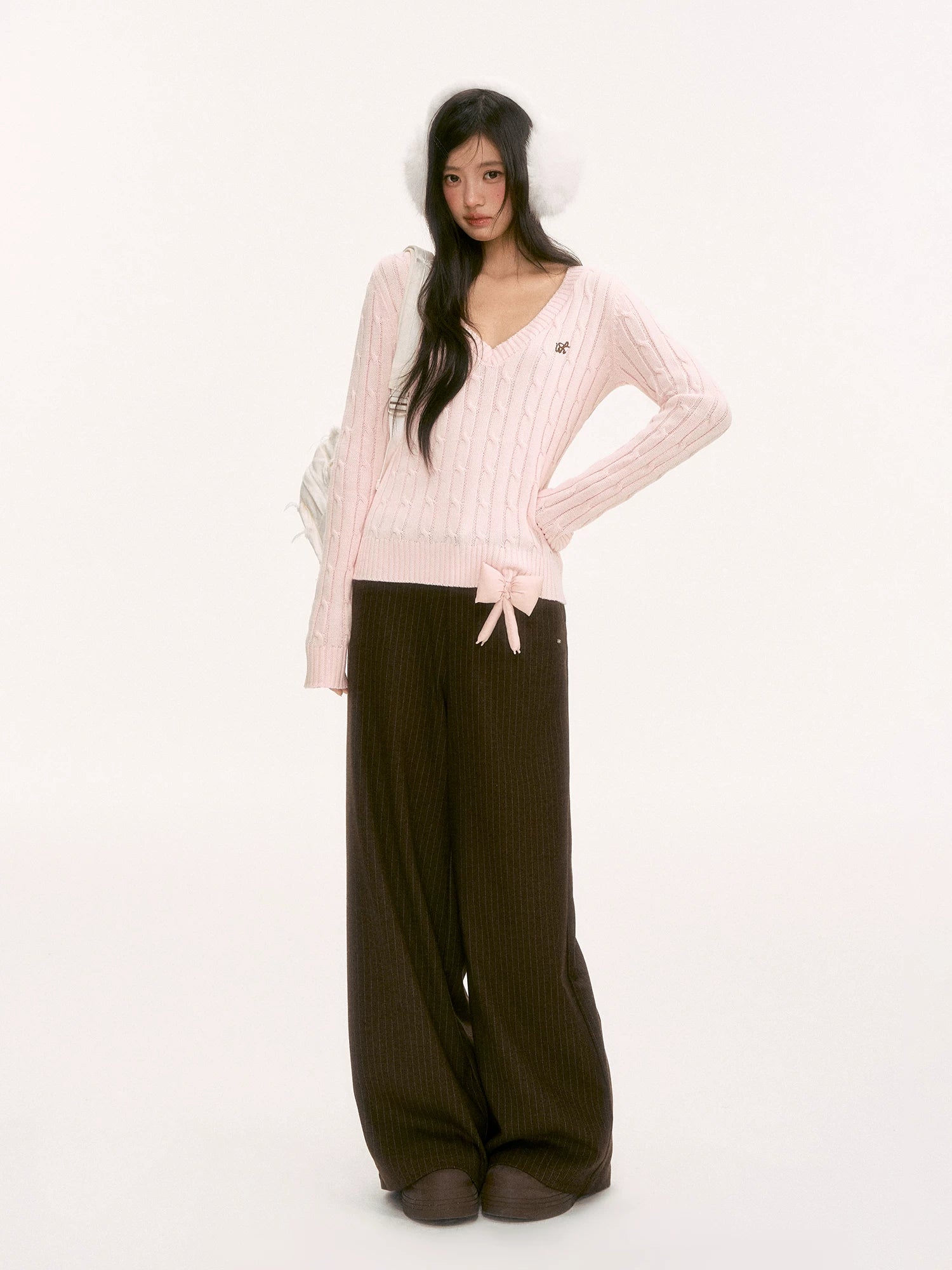 Brown Double-Waist Stripe Wide-Leg Pants