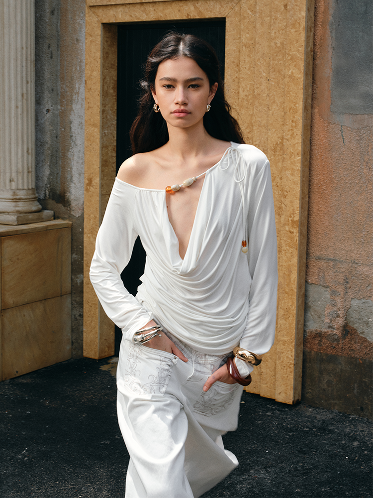 Beaded Cowl Neck Off-shoulder Long-sleeve Tunic