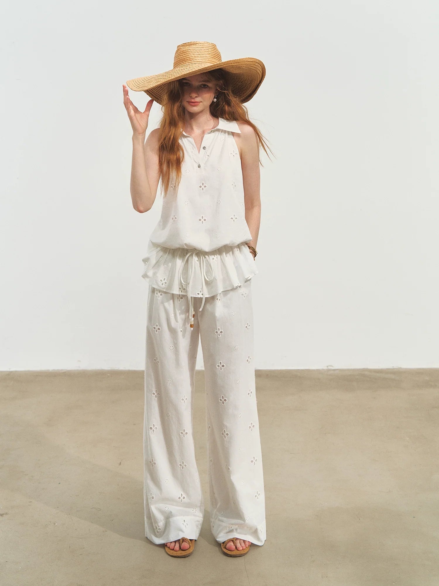 French-Style Printed Sleeveless Halter Tie-Up Top