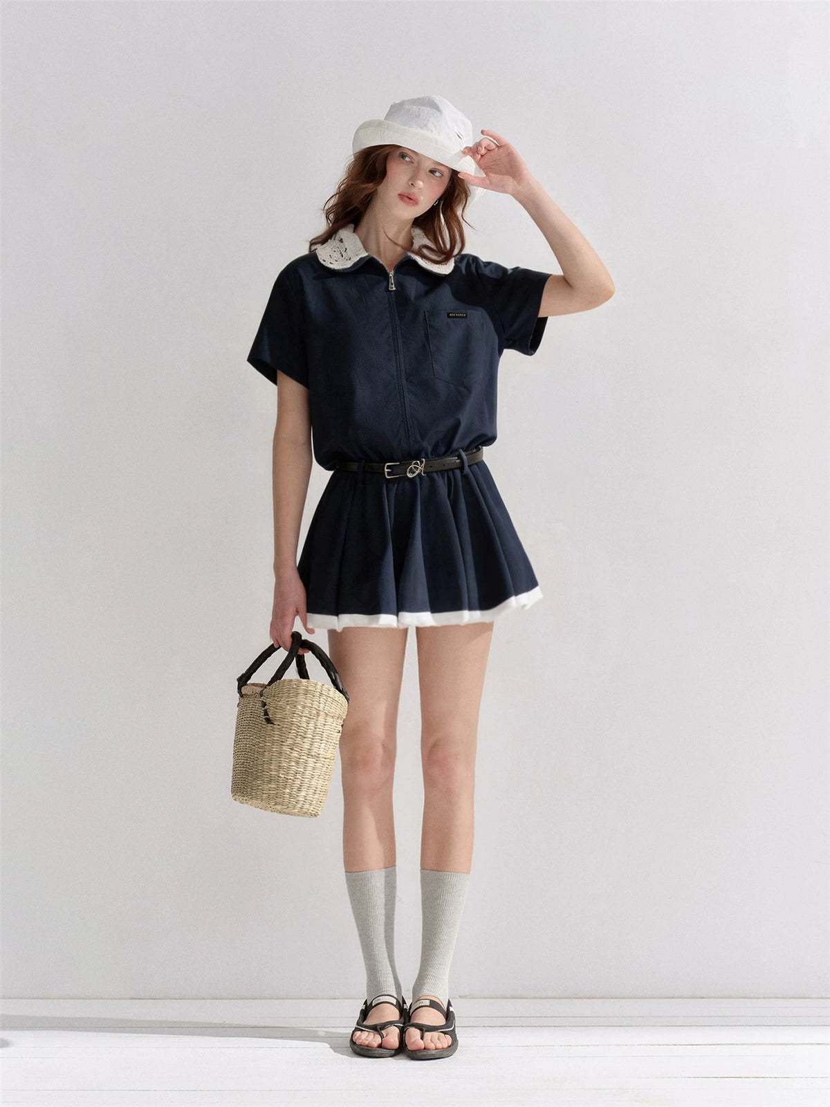Lace Collar Stripe Bubble Dress