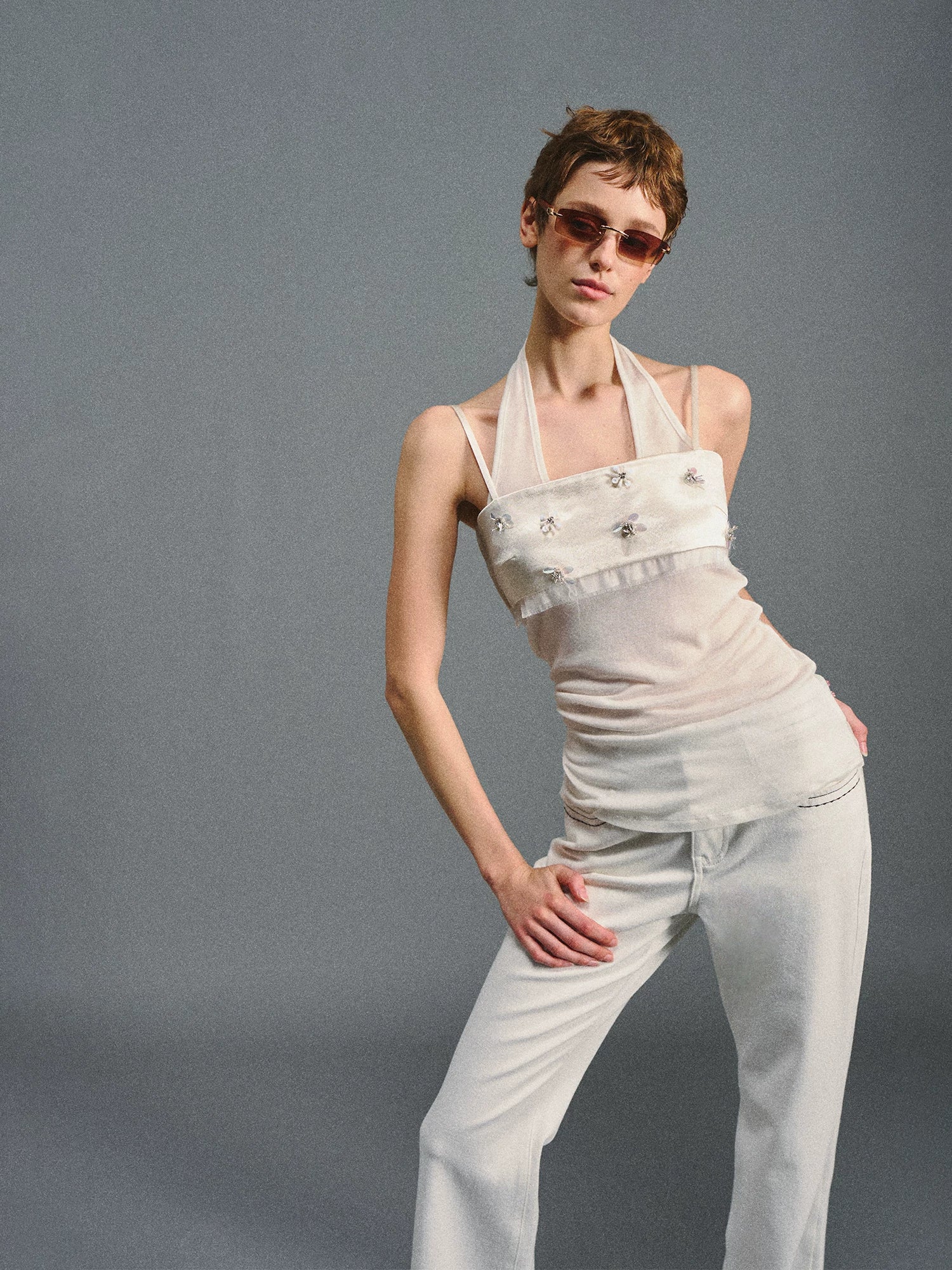 White Beaded Halter Cami Top