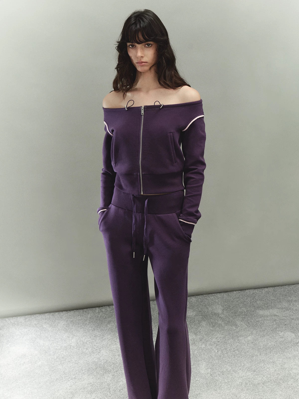 Off-Shoulder Drawstring Sweatshirt & Pants Set