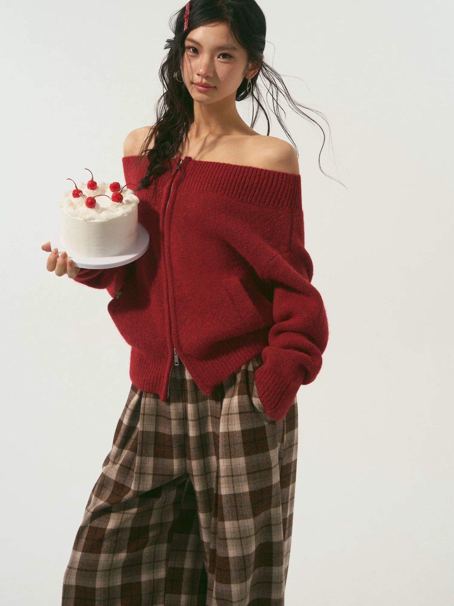 Red Off Shoulder Zip Cardigan