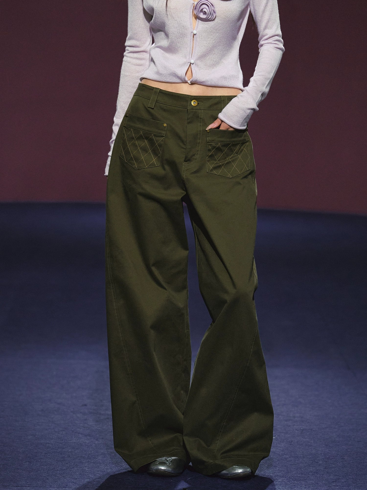 Pocket Diamond Stitching Straight-Leg Pants