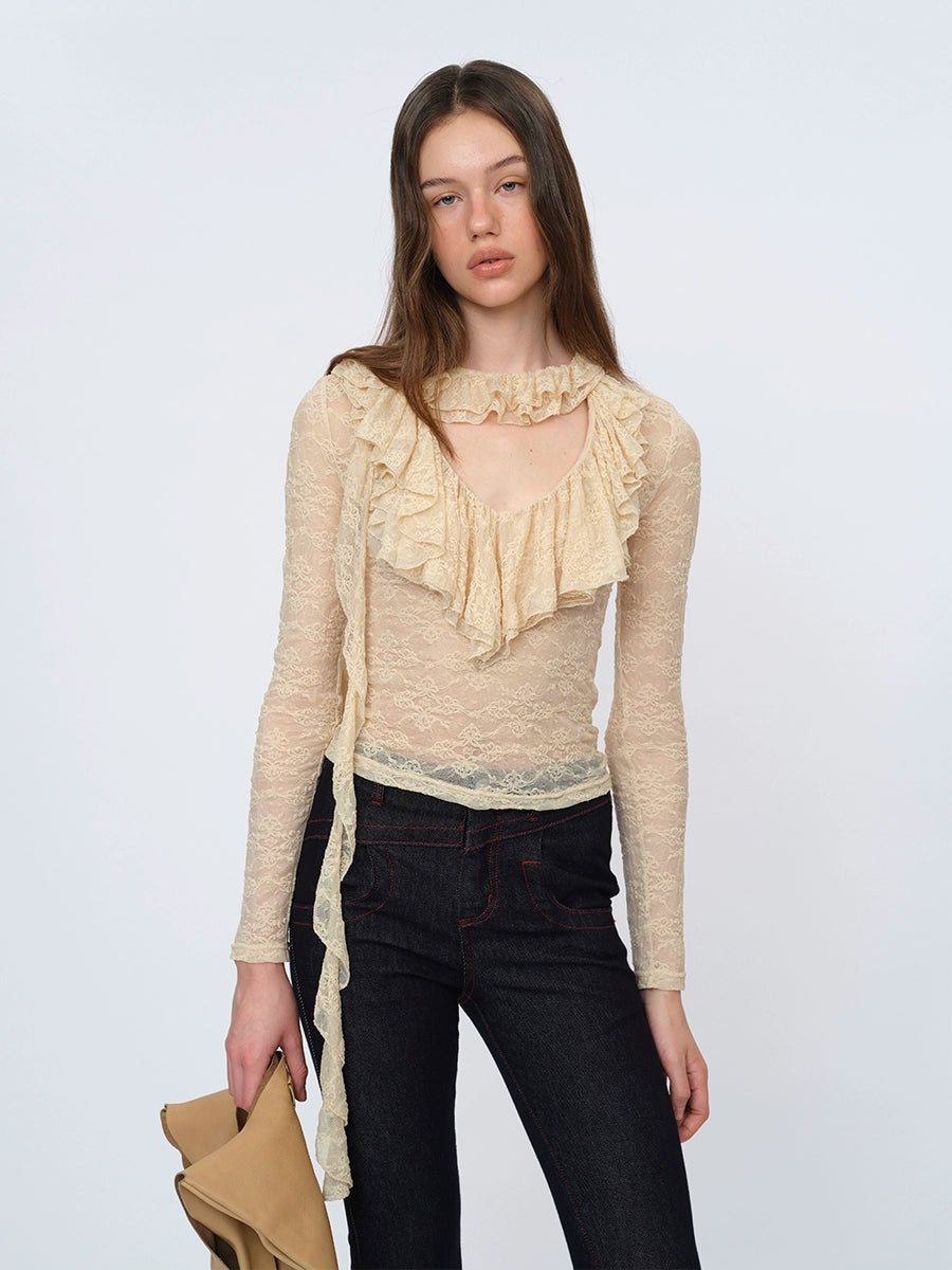 Beige Lace Trim Blouse