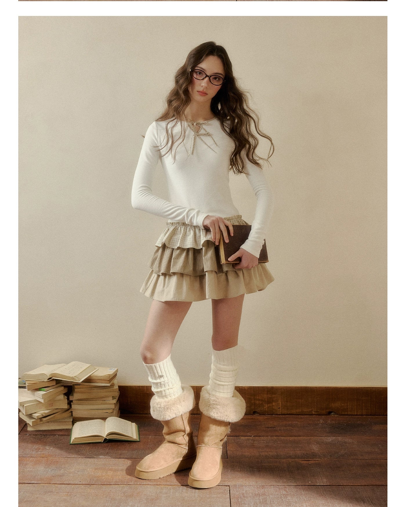 Brown & White Knit Plaid Tiered Dress