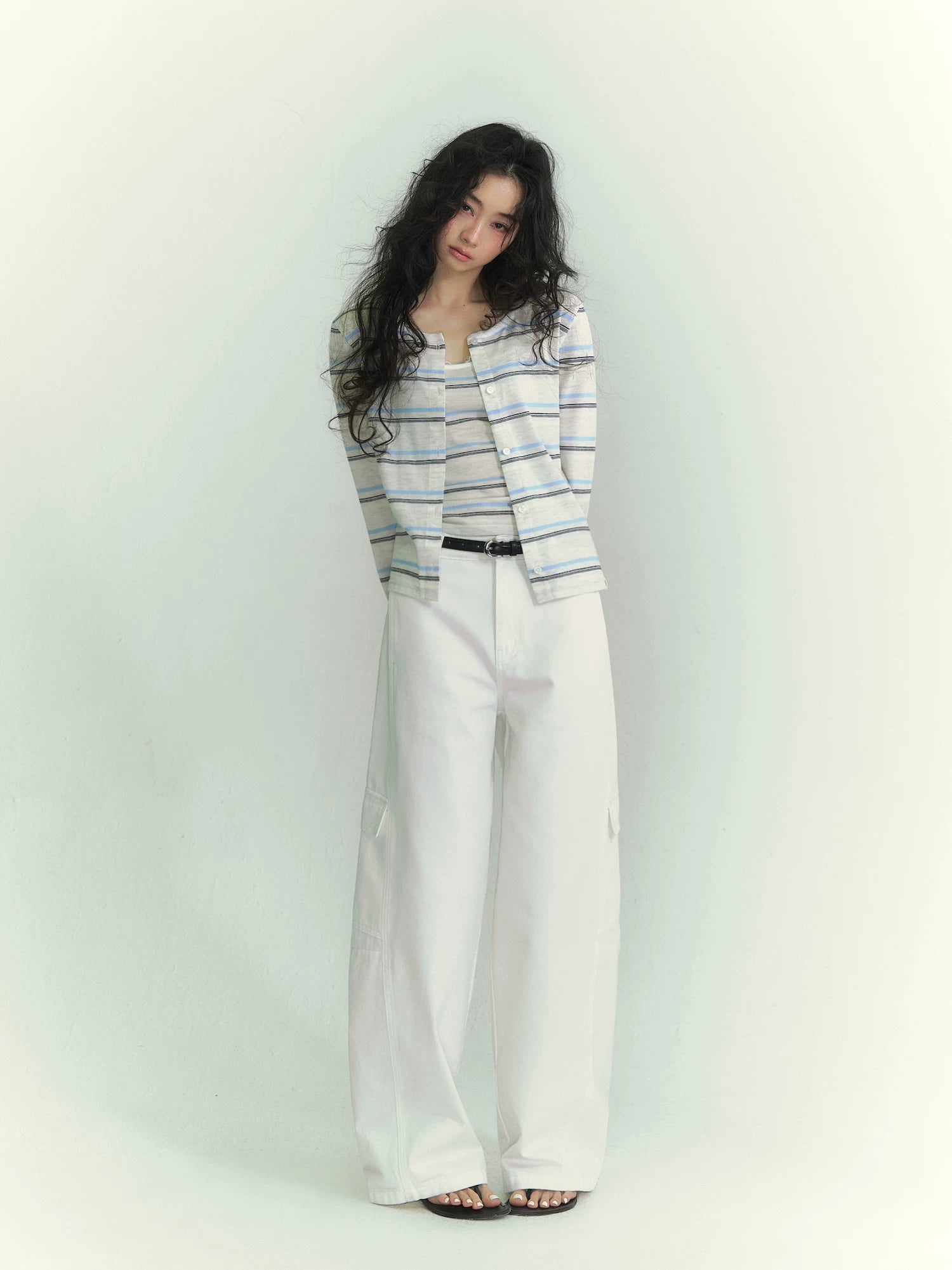 Lace Trim Stripe Cardigan Set