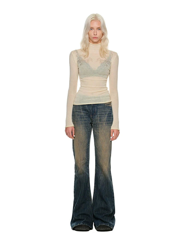 Rose Rhinestone Knit Turtleneck Base Layer