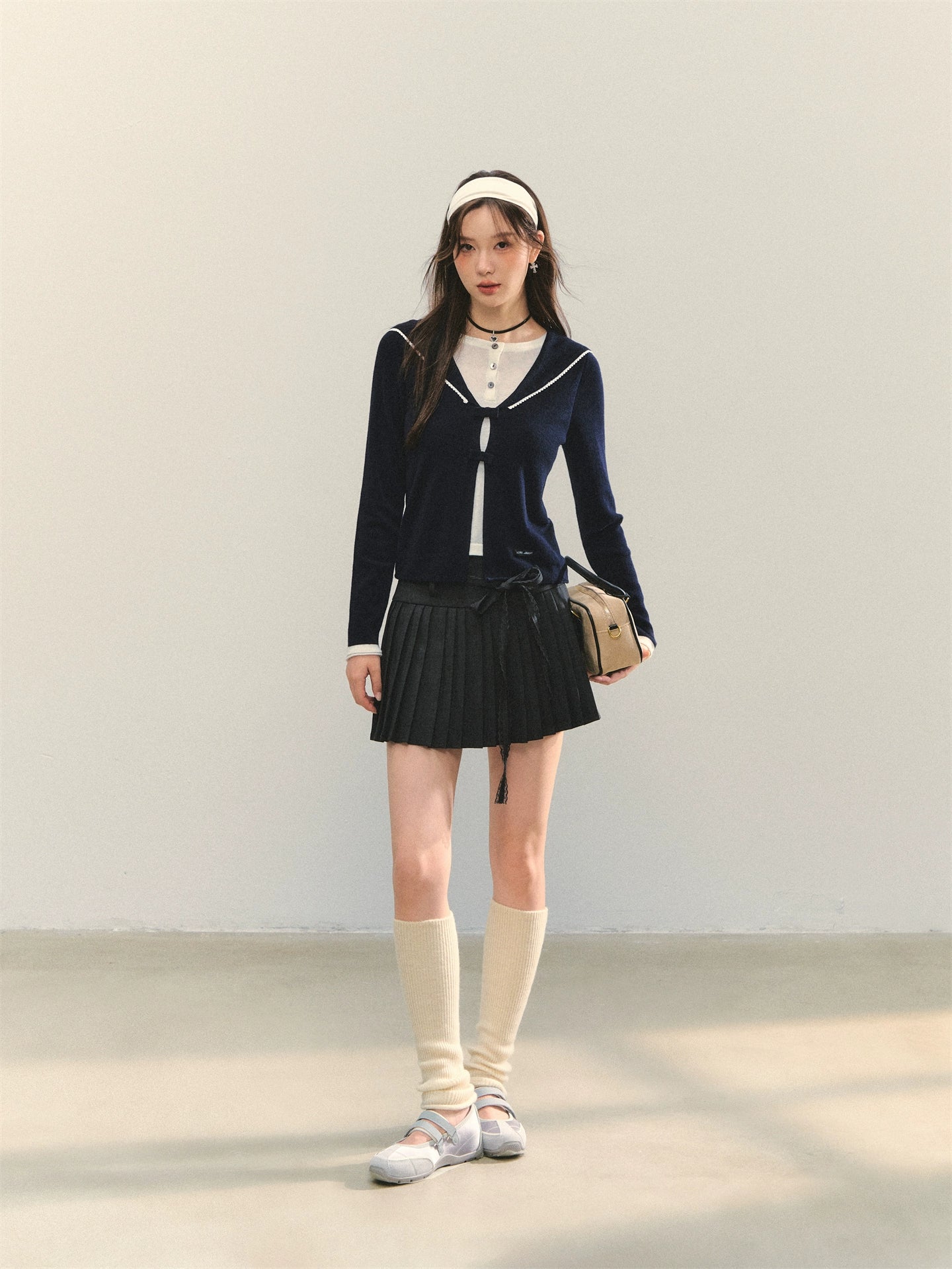 Navy Blue & Gray Sailor-Bow Knit Cardigan